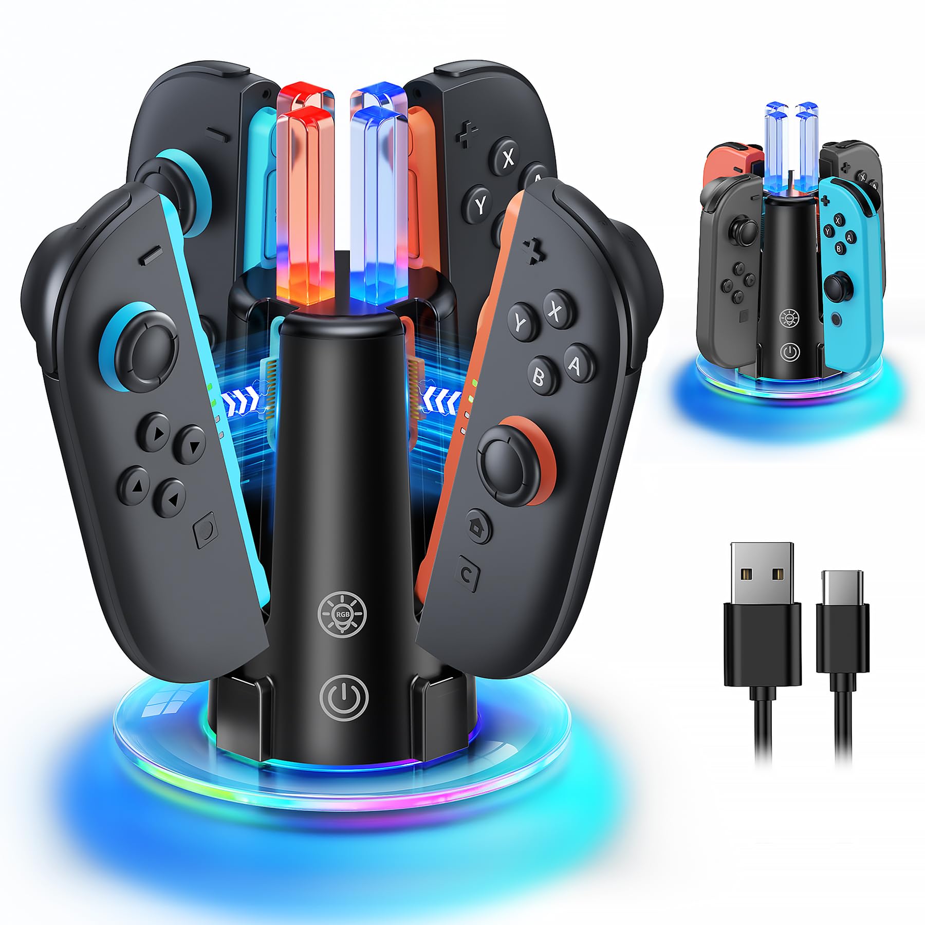 RVB Station de Charge 4-en-1 pour Switch 2/1/OLED pour Joycon 2/1 | FYOUNG Chargeur Dock Compact avec LED RVB & Indicateurs de Charge, Support de Recharge pour Joycon 2 & 1