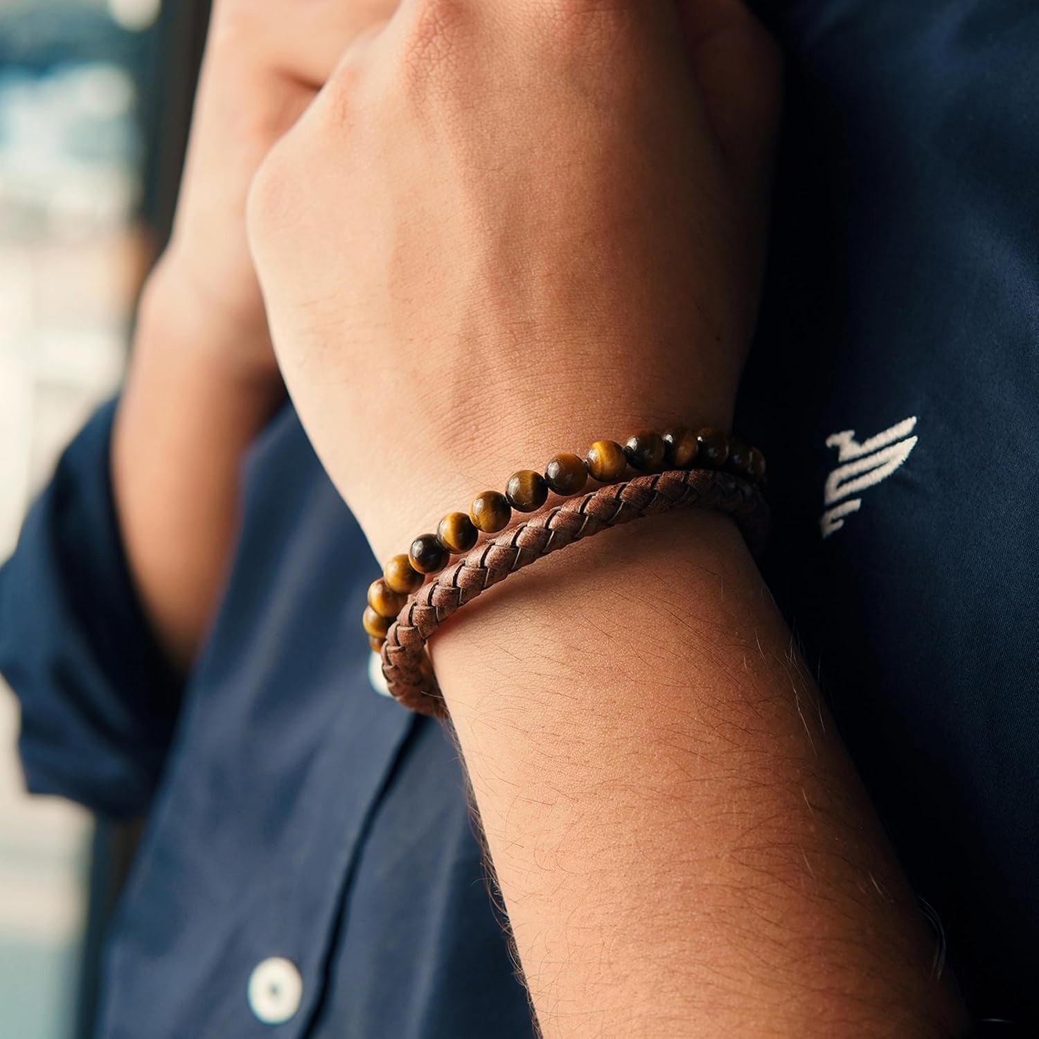 RTZN® Brown Leather Bracelet for Men – Premium Artisan Handcrafted Mens Leather Bracelet – Multi-Stand Mens Bracelet Leather Collection | Beaded Tiger Eye, Silver Chain, and Braided Brown Leather