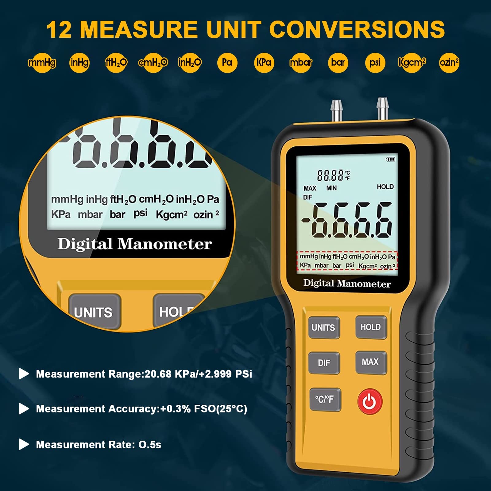 Manometer, Professionelles Luftdruckmesser, Handheld HVAC 12 Selektierbare Einheiten Differenzdruckanzeige,Dual-Port-Manometer-Gasdrucktester mit Hintergrundbeleuchtung (enthaltene Batterie)