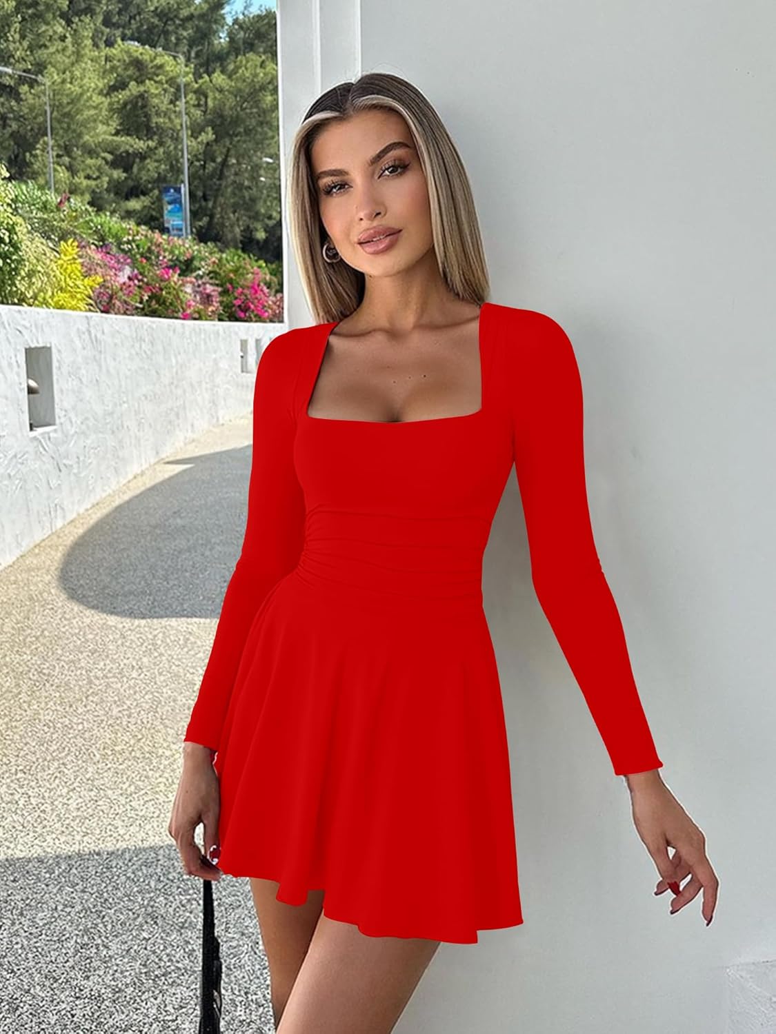 Kaximil Women's Square Neck Long Sleeve Mini Dress Ruffle Hem Corset Short Party Club Dresses - Image 3