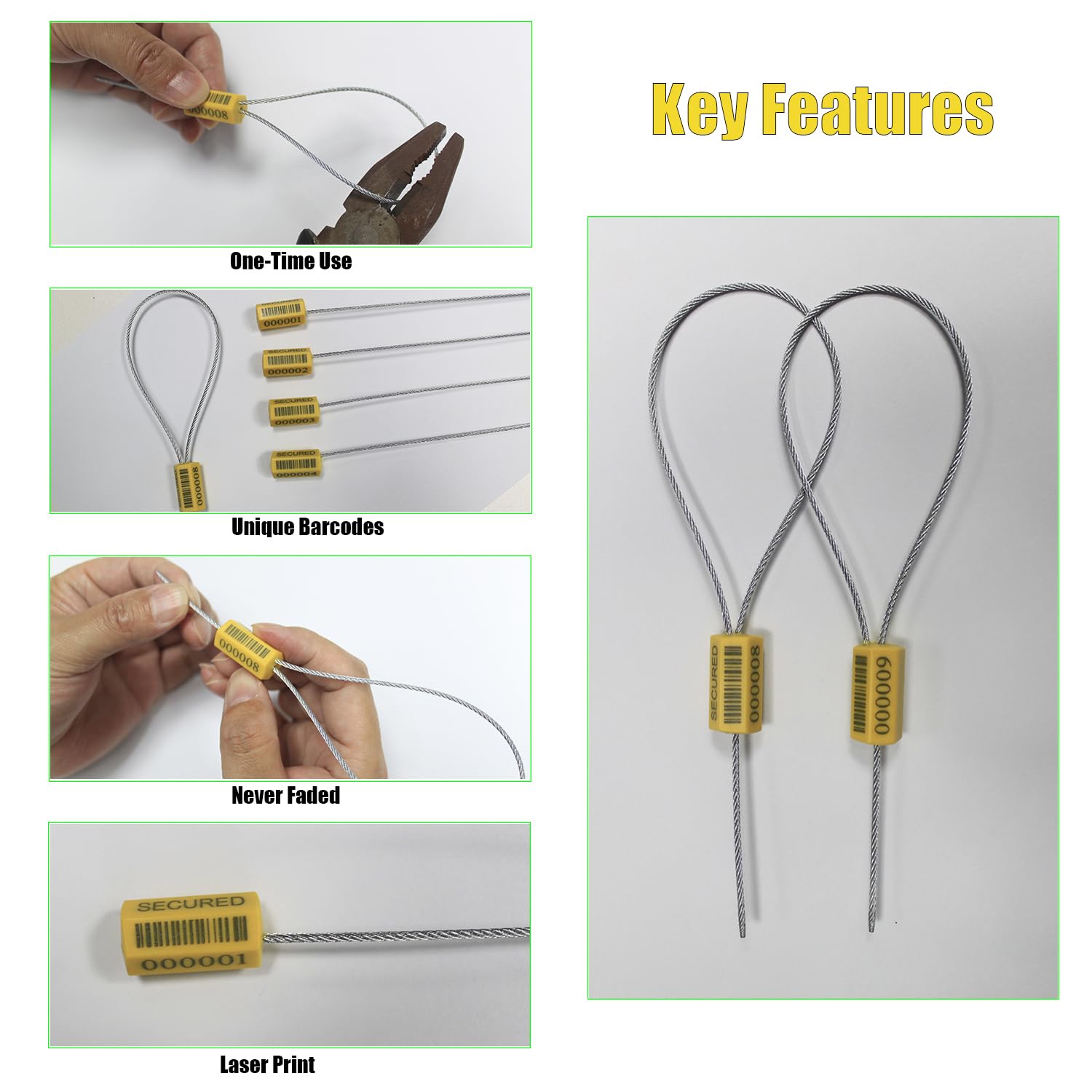 100 sellos de cable de seguridad con código de barras de 1,8 mm x 11,8 cm para camión, remolque, contenedor y envío de carga (correa de alambre de acero Pull-Tite, candado autobloqueante a prueba de