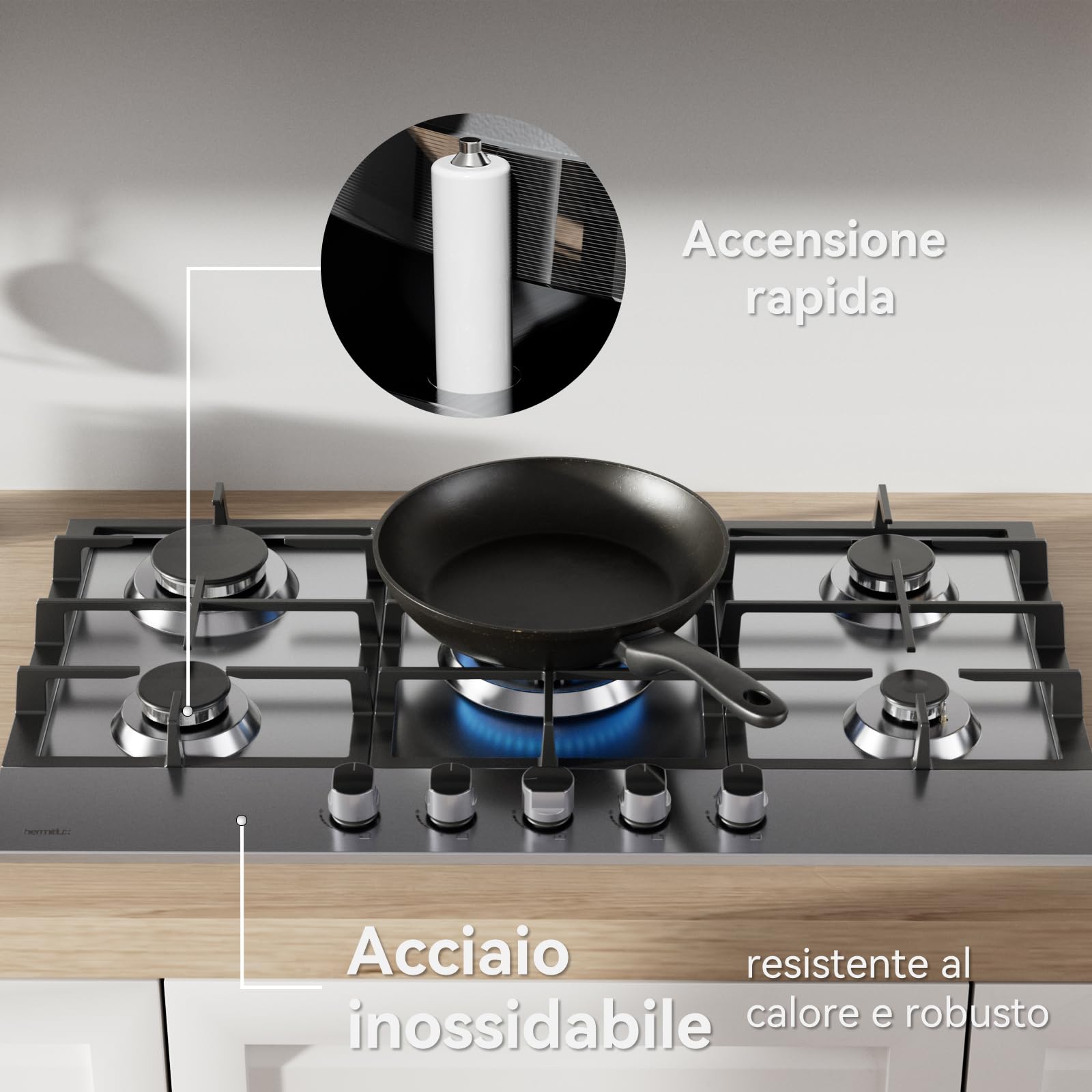 Hermitlux Piano Cottura a Gas 5 Fuochi 85cm da Incasso, per Gas Naturale/Propano, Sicurezza Tramite termocoppia, Acciaio Inossidabile