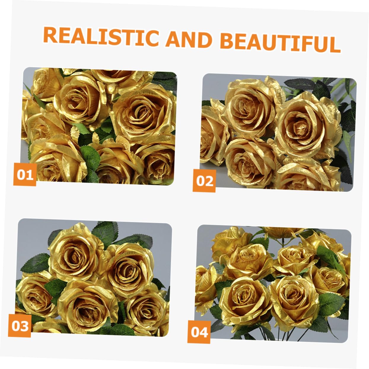 Cabilock Lot De 4 Magnifiques Bouquets De Roses Artificielles Dorées en Soie pour Décoration Dintérieur Salle À Manger Salon Chambre À Coucher