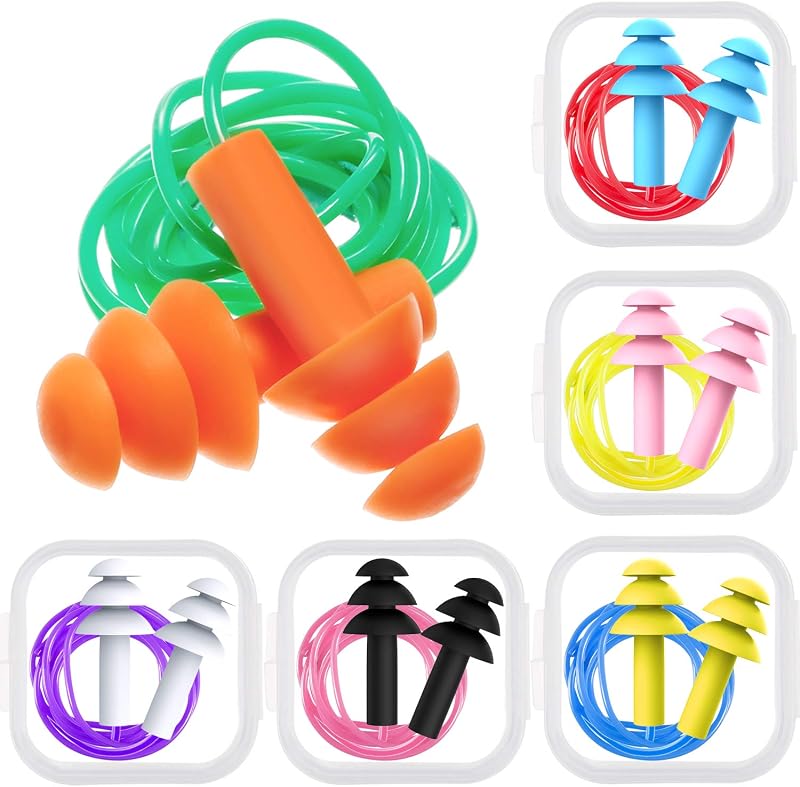 6 pares de tapones para los oídos con cable reutilizables con estuche para nadar | Cancelación de ruido, impermeable, suave, tapones de silicona lavables para deportes de estudio, 6 colores variados incluidos