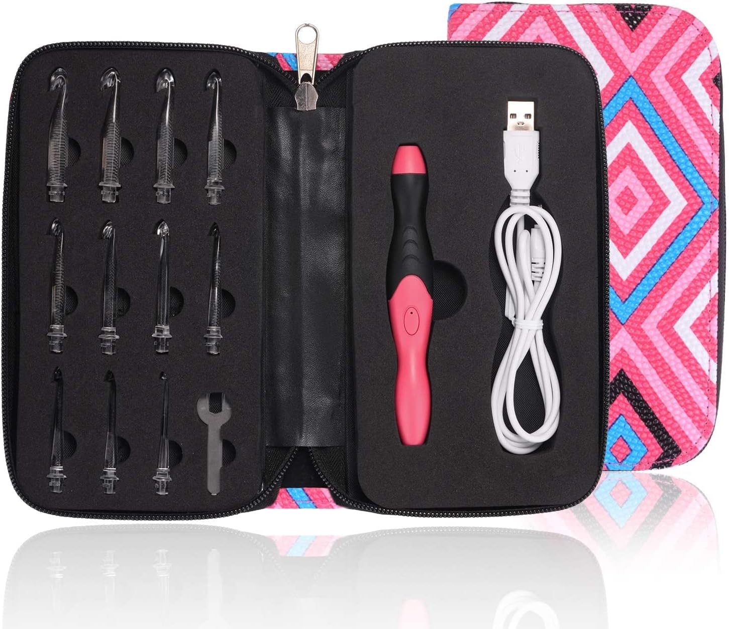 Lighted Crochet Hooks－11 Size Interchangeable Heads 2.5mm to 8.0mm with Ergonomic Grip Handles,USB Rechargeable LED Lighted Crochet Hooks Complete Set for Arthritic Hands (Pink Plaid)