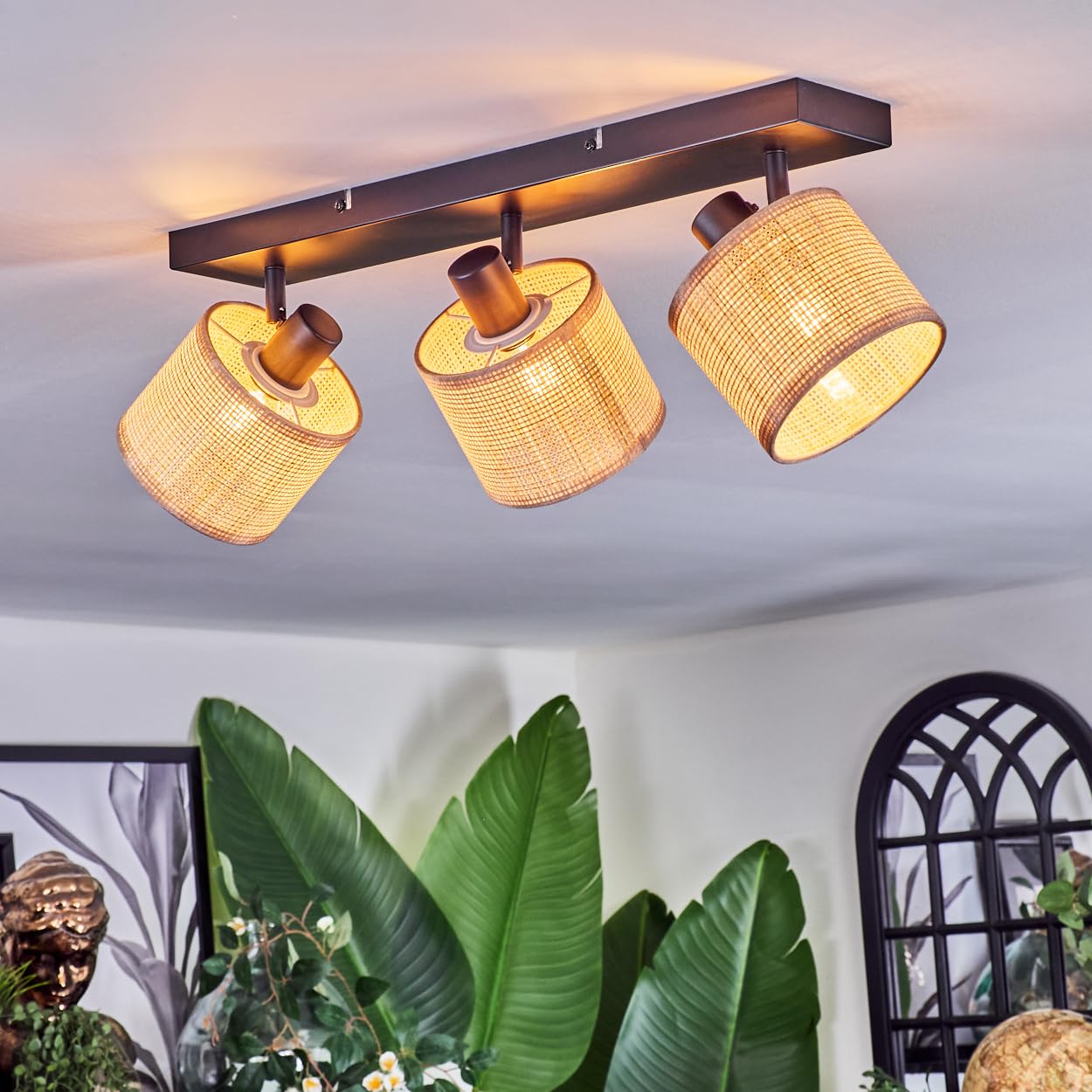 HOFSTEIN Lampa sufitowa Sabadim, z metalu/plecionki papierowej/materiału w kolorze czarnym/naturalnym/brązowym, regulowana lampa w stylu boho (klosze Ø 12 cm), E14, do jadalni, salonu, sypialni