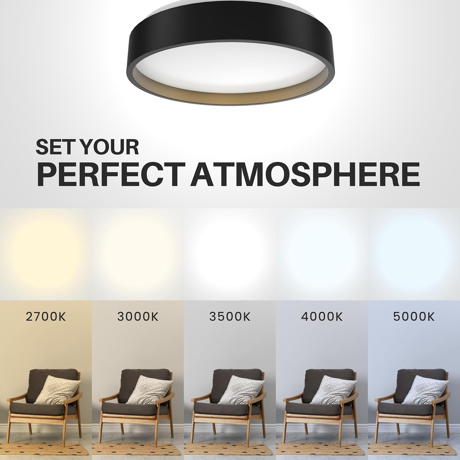 DYMOND Matte Black LED Ceiling Light 15 inch Flush Mount Dimmable Fixtures Minimalist Round 5 Colors Selectable Surface Mount Ceiling Lamp for Kitchen, Hallway, Bedroom, Living Room