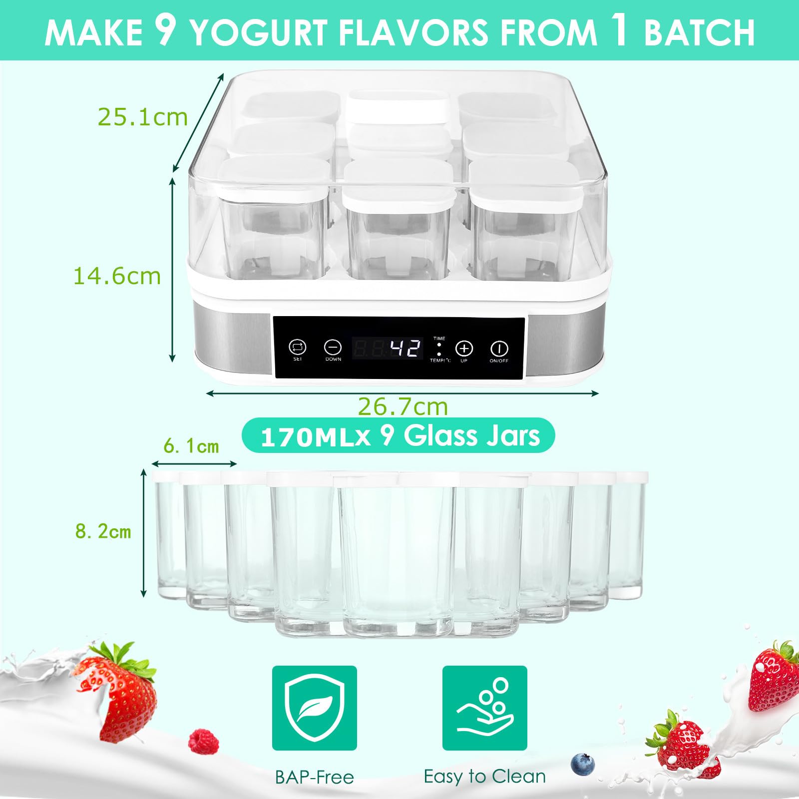 Joghurtbereiter, Automatischer Digitaler Joghurt Maker, Griechischer Joghurtmaschine mit Temperatur- und Timer, mit 9 170 ml Joghurtbechern, Perfekt für den Heim-Bio-Joghurt, BPA-frei, 40 W