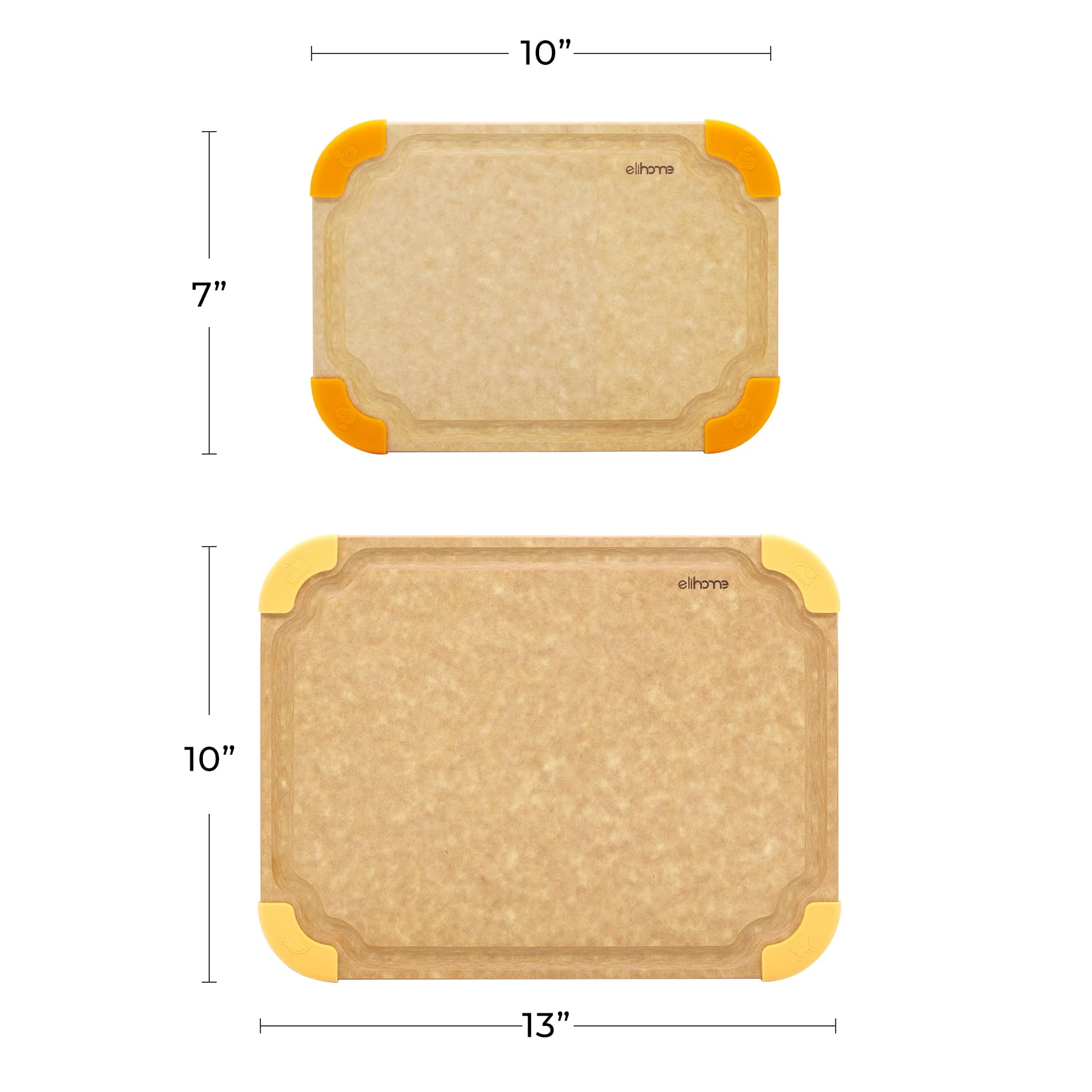 Elihome Premium Series 2-in-1-Küchen-Schneidebrett-Set, rutschfeste Füße, farbkodiert mit Lebensmittel-Symbol, natürliche Holzfaser, spülmaschinenfest, umweltfreundlich, Saftrillen, BPA-frei