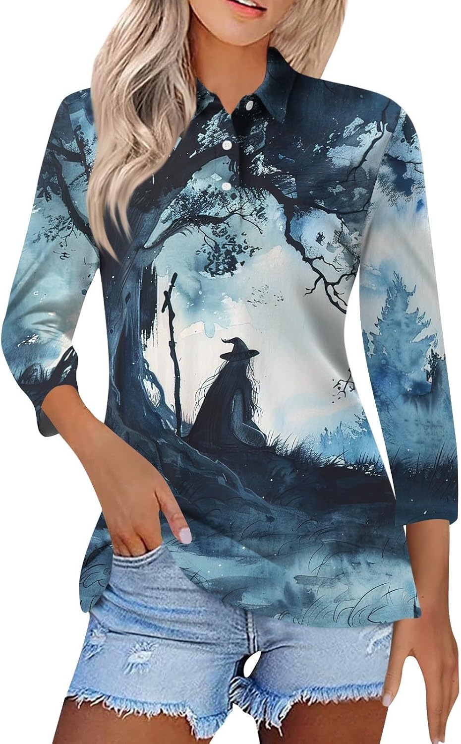 Womens Halloween Fall Polo Shirts 3/4 Sleeve Witch Graphic Tops | Women's Dressy Casual Top, Halloween Shirts, Loose Fit Holiday Blouses, Vintage Outfits