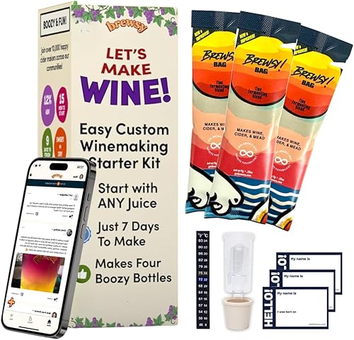 Brewsy Kit de inicio para la elaboración de vino - Kit de vino personalizado - 4 botellas en 9 días - Vino tinto o blanco - Usa cualquier jugo