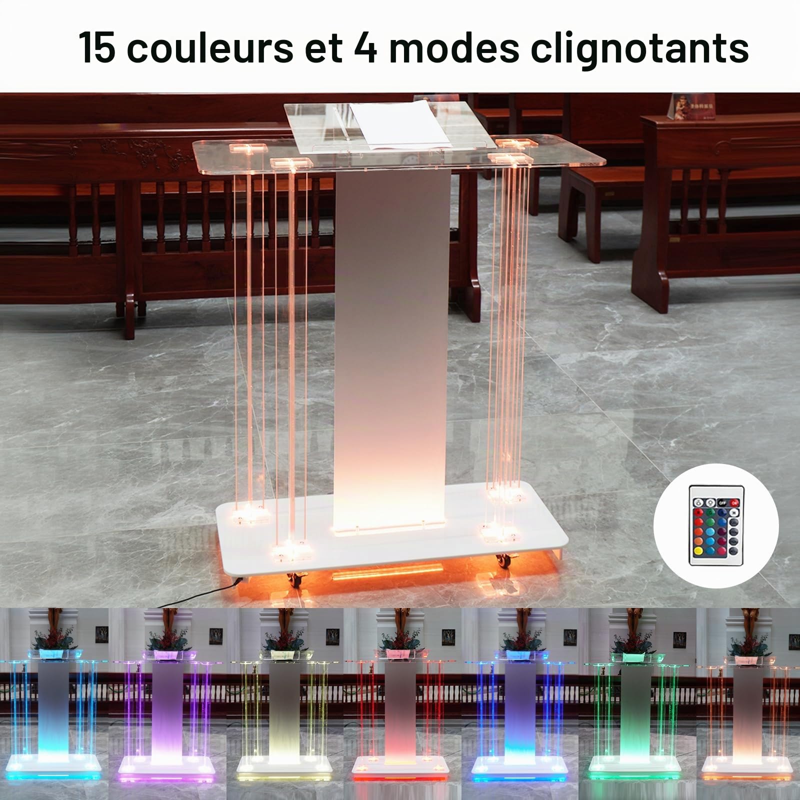 Afitdon Kirchen Kanzel Pupitre en Acrylique Transparent avec Roues et 15 Couleurs de lumière LED réglables, Grand Support Acrylique pour église, Concert, conférence, Mariage, Salle de Classe