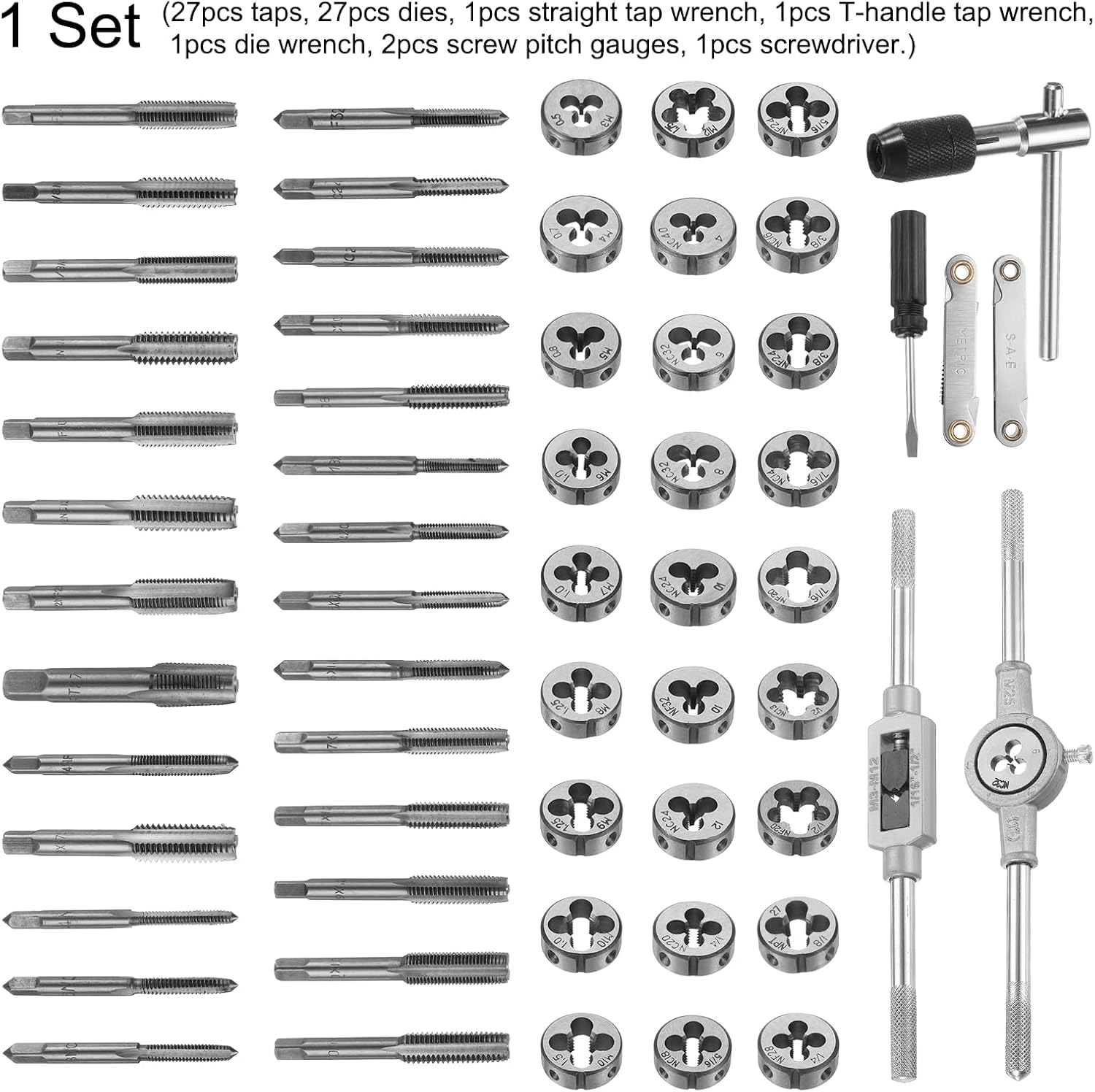 HARFINGTON 60pcs Metric SAE Tap and Die Set M3-M12 4-40-1/4-28 Rethreading Tapping Tool Kit Screw Thread Taps Dies Wrench Handle Stock Holder with Storage Case for Male & Female Threading