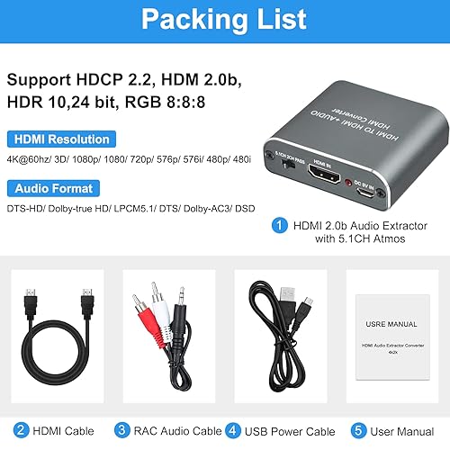 Miniatura 5 de Extractor de audio HDMI 2.0, HDMI a HDMI Óptico Toslink SPDIF o salida de audio estéreo AUX de 0.138 in, adaptador de audio HDMI 4K 60Hz Soporta