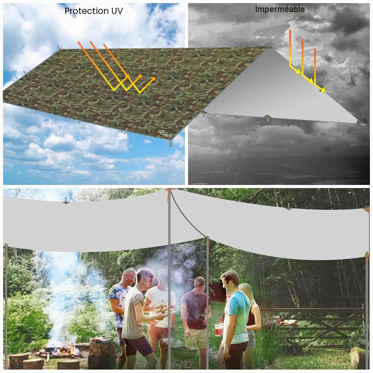 Ryaco Bâche Anti-Pluie, Camping Bâche Rain Tarp Toile de Tente Imperméable Abri de Randonnée Pliable Portable Grande Taille avec Zippées et Poche en Filet pour Bouteille d'eau pour Backpacking Picnic