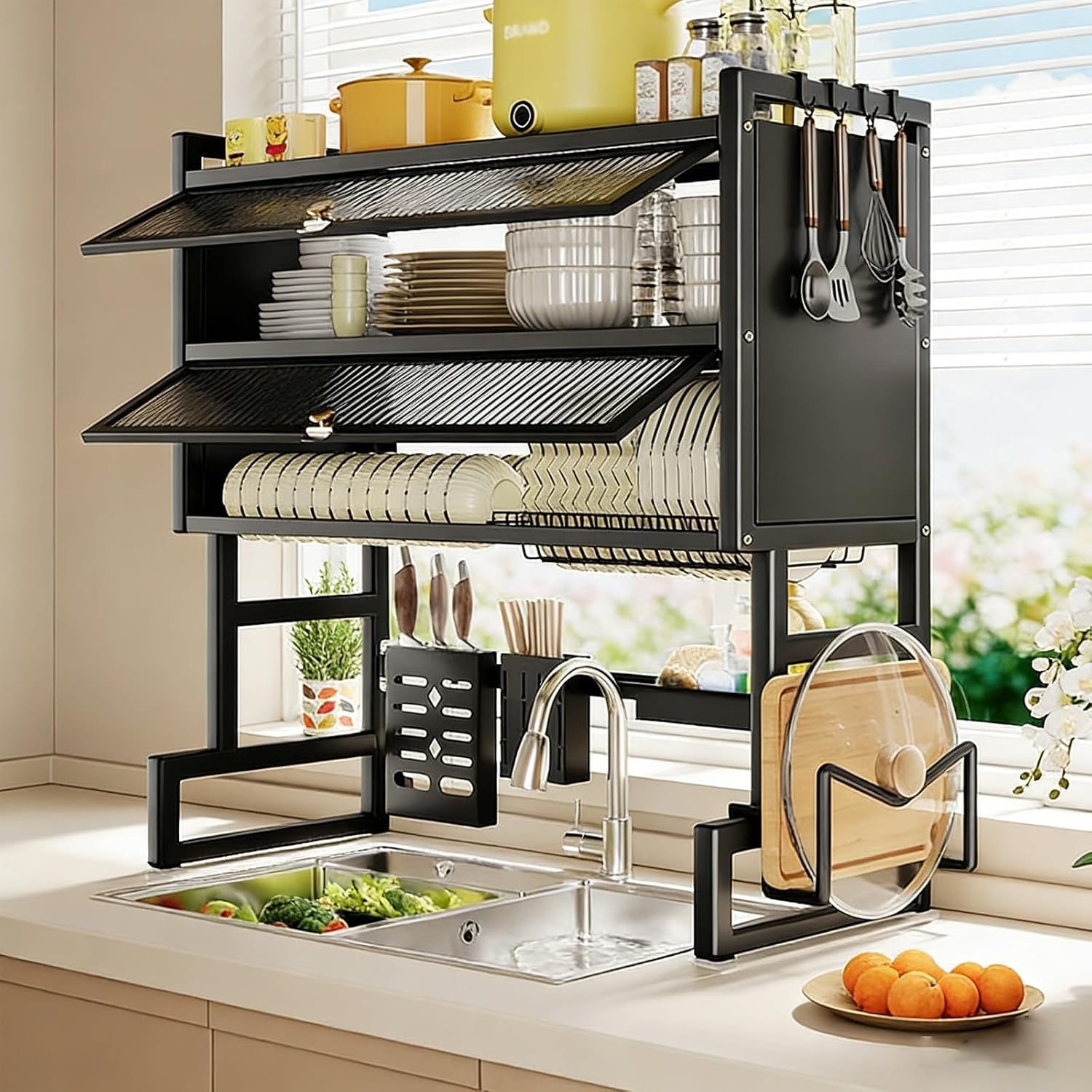 2-Tier Over Sink Dish Drying Rack with Dustproof Cover, 65-105cm Kitchen Counter Organizer, Large Capacity Sink Storage Rack(White,65cm/25.5in)