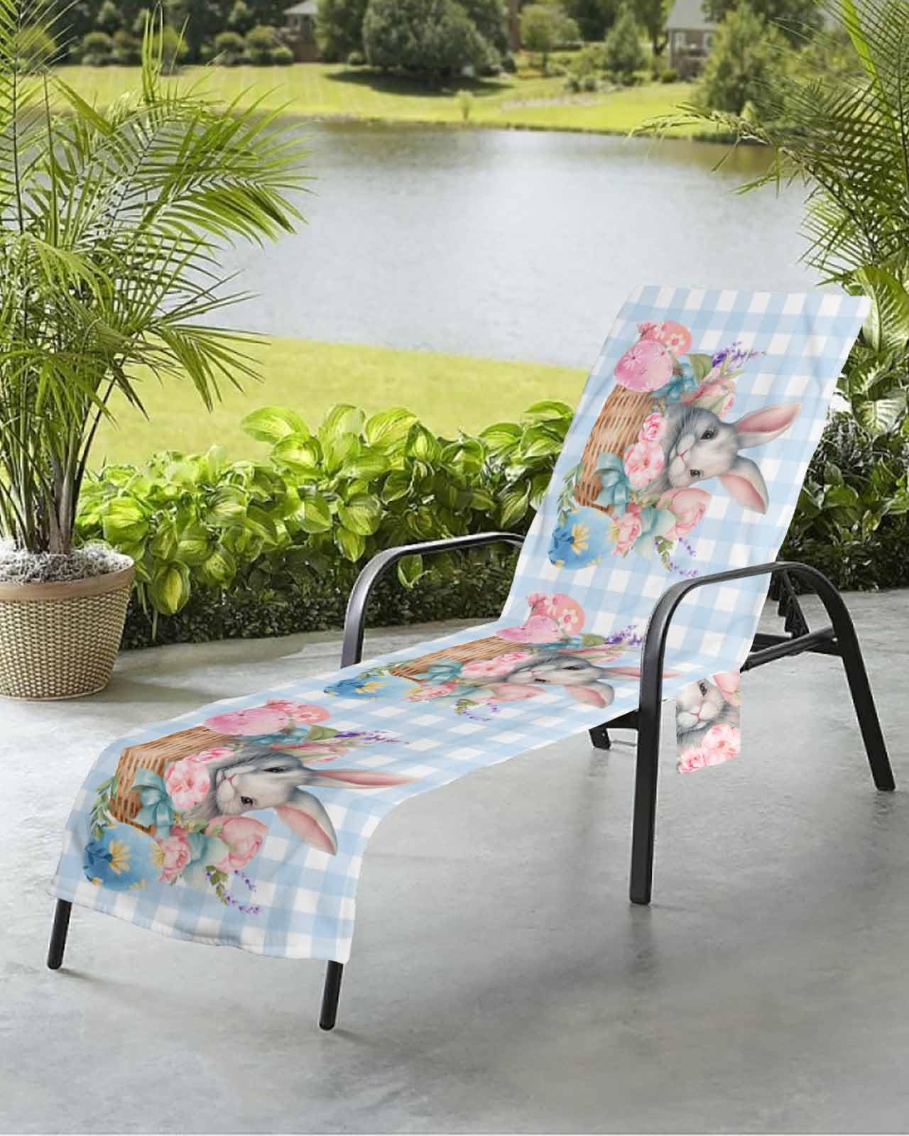 Easter Basket Bunny Beach Chair Towel Covers for Chaise Lounge with Side Pocket, Soft Plush Pool Towels Cover for Patio Sunbathing Outdoor 29''x85'' Colored Easter Eggs Flower Plaid Blue