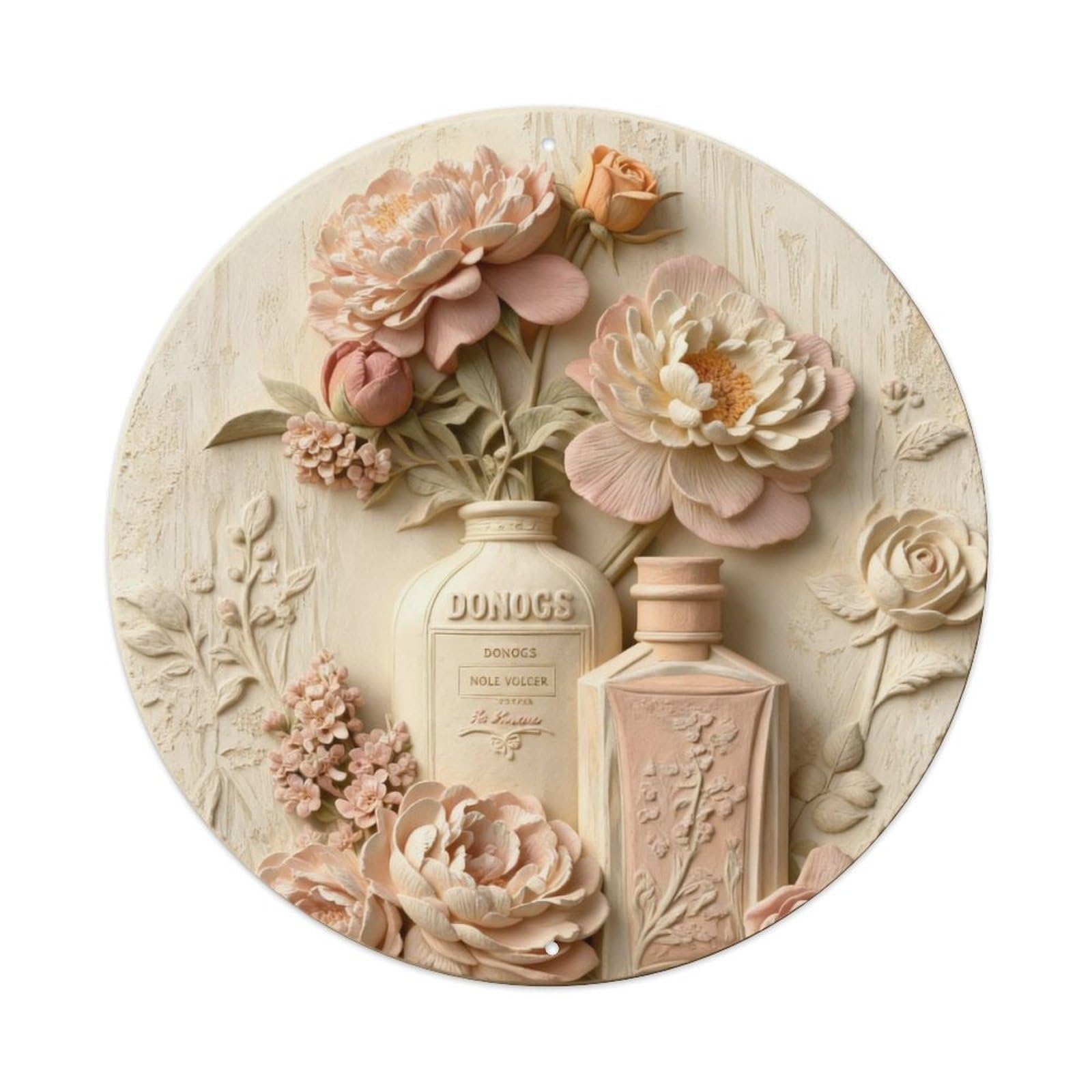 Floral Perfume Bottle Arrangement Art Round Metal Tin Sign Vintage Wall Decor, Bar Garage Cafe Kitchen Home Wall Art Poster 8x8inches