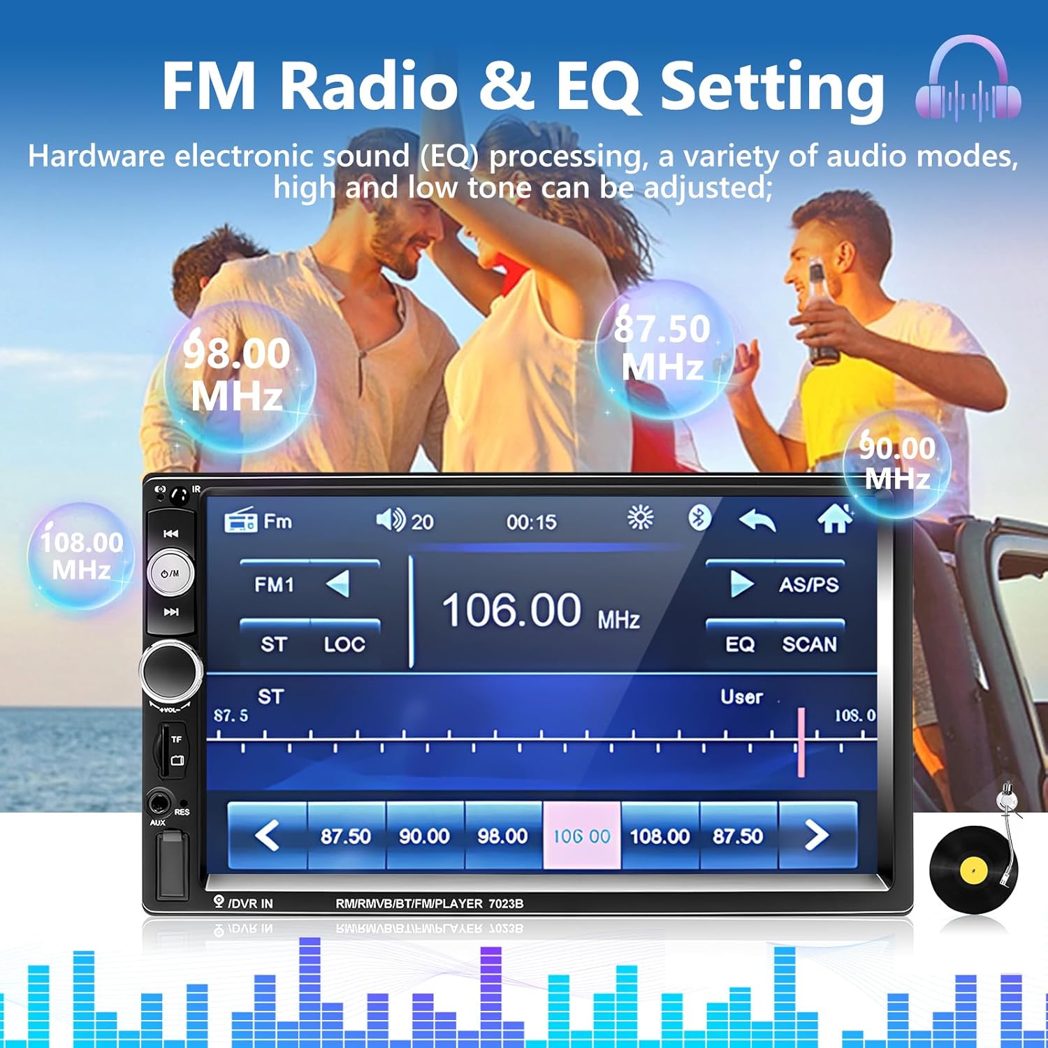 Car stereo display showing FM radio interface with frequency tuning and EQ settings.