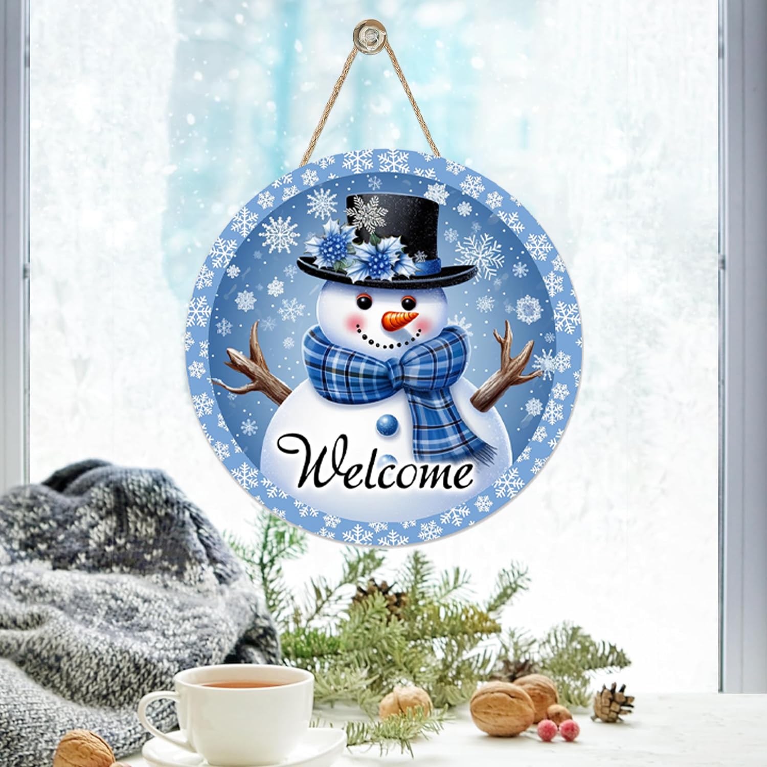 Amazon.co.jp: Welcome Winter スノーマン ブルー 正面玄関サイン 木製  
