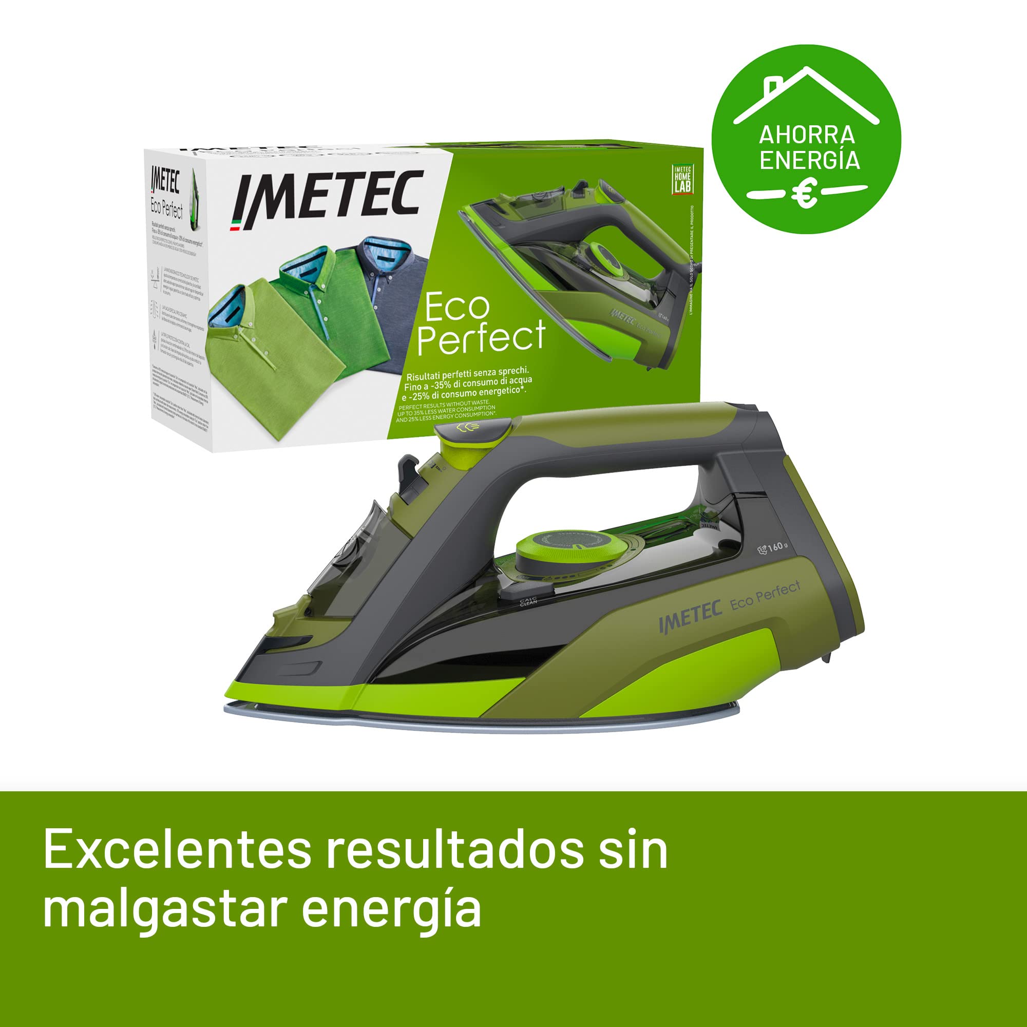 Imetec Plancha de Vapor Eco Perfect, resultados con -35% de consumo de agua y -25% de consumo de energía, Suela con revestimiento de cerámica Pro, Triple protección anti-cal, 2400 W