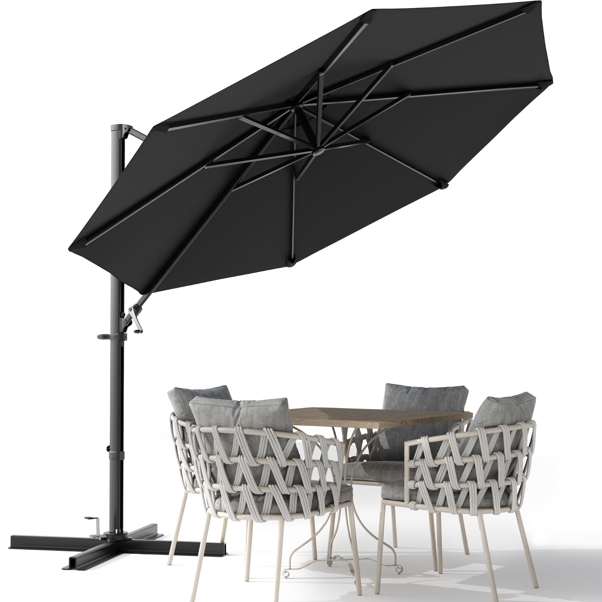 Devoko 10ft Cantilever Patio Umbrella, Round Large Outdoor Umbrella with 360-Degree Rotation, Hanging Offset Market Sun Umbrella, Easy Tilt and Heavy-Duty Frame, for Patio Backyard Garden, Black : Patio, Lawn