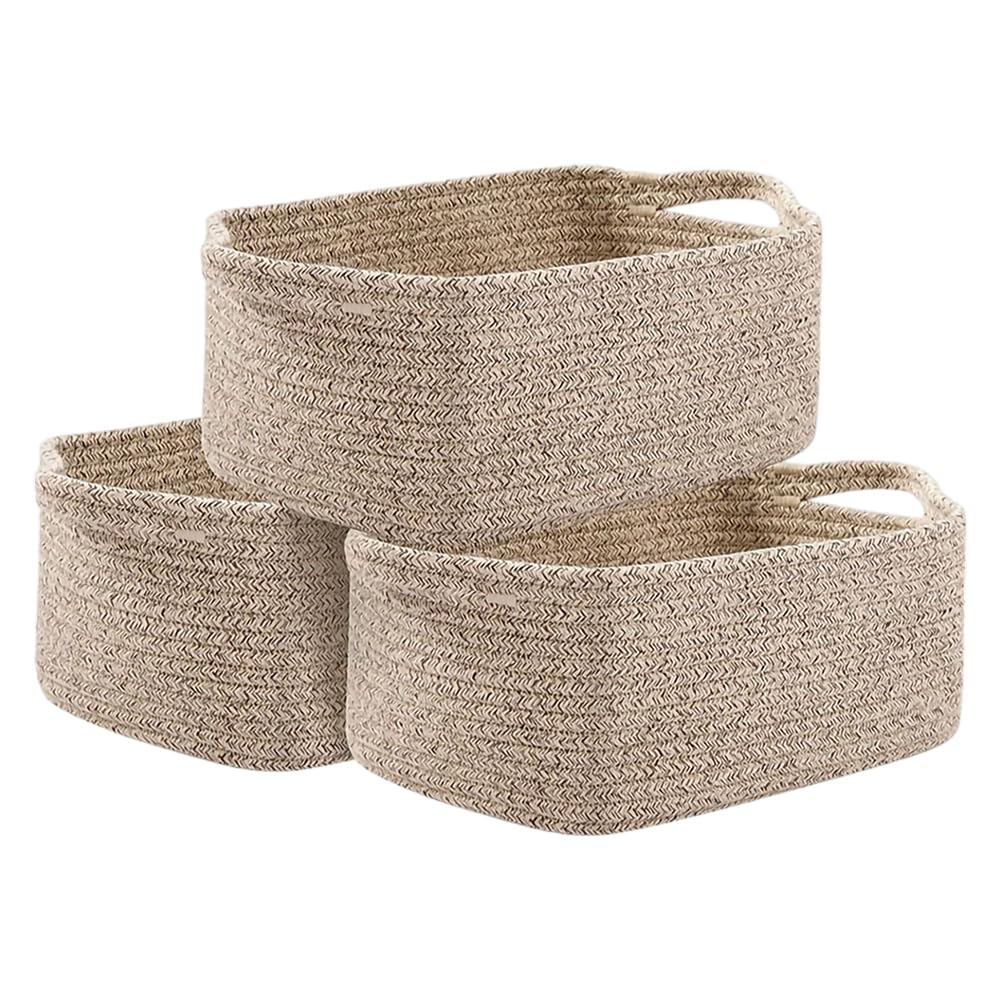 LUFEIS Cotton Rope Storage Basket, 3 Pack Storage Baskets for Shelves, Decorative Woven Baskets for Towels, Books, Toys, Empty Baby Gift Basket for Nursery, 32.5 x 22.5 x 14 cm (Brown)
