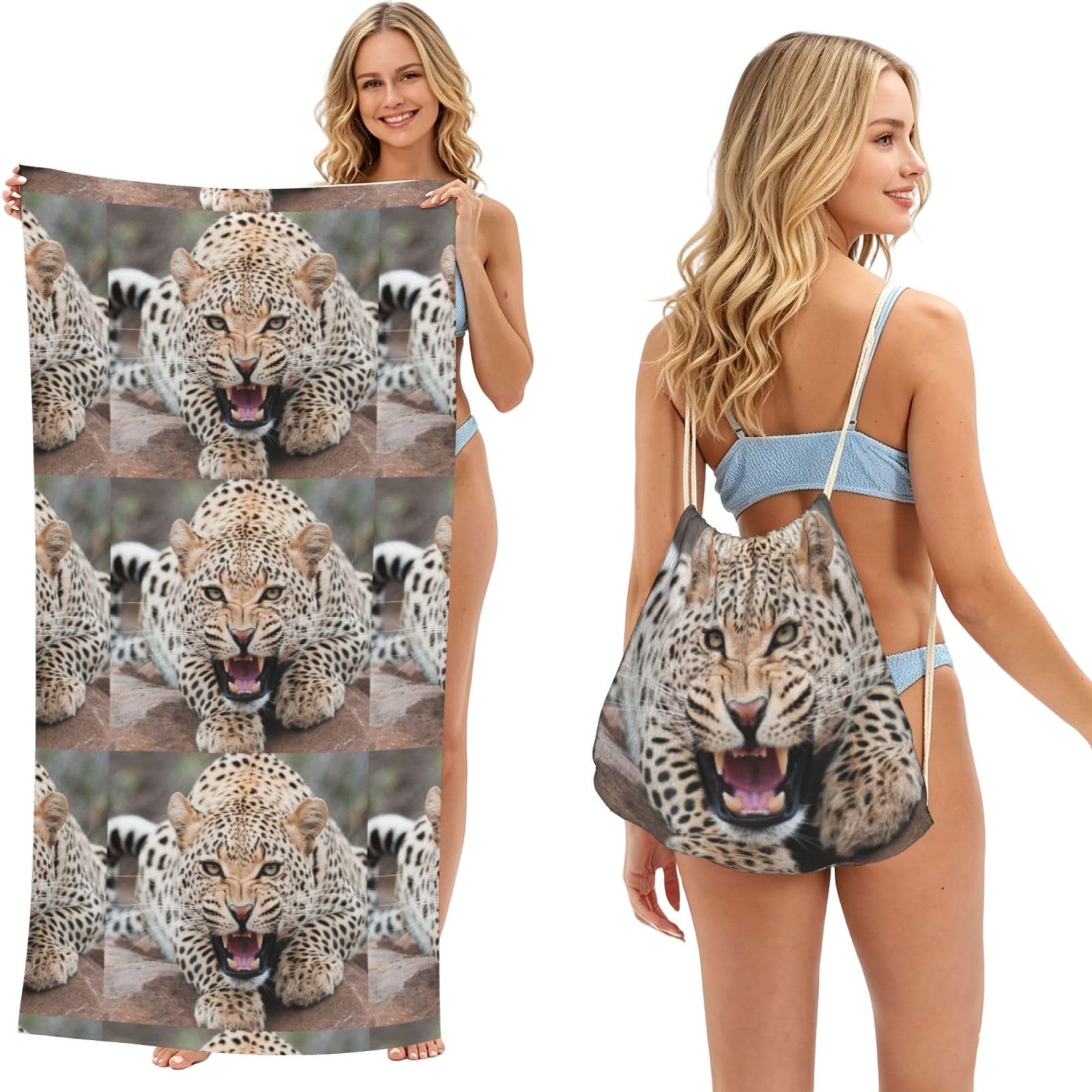 Poadnly As Picture Cheetah, 2 In 1 Packable Towel Bag, Beach Towels With Drawstring Backpack For Travel Holiday Camping