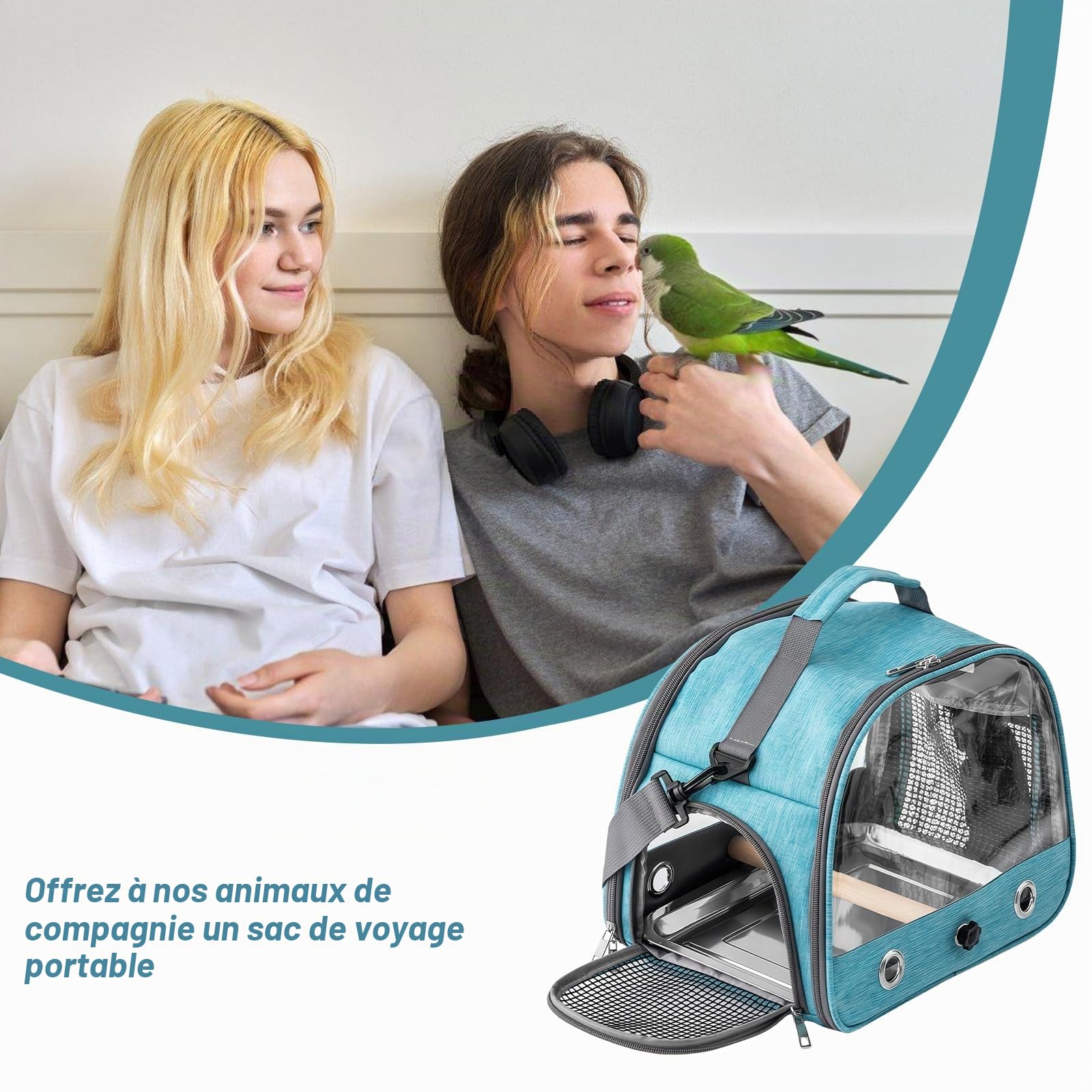 Boîte de transport pour oiseaux : sac à dos pour oiseaux avec perchoir et plateau en acier inoxydable, boîte de transport légère et respirante, cage de voyage pour perroquets perruches (bleu