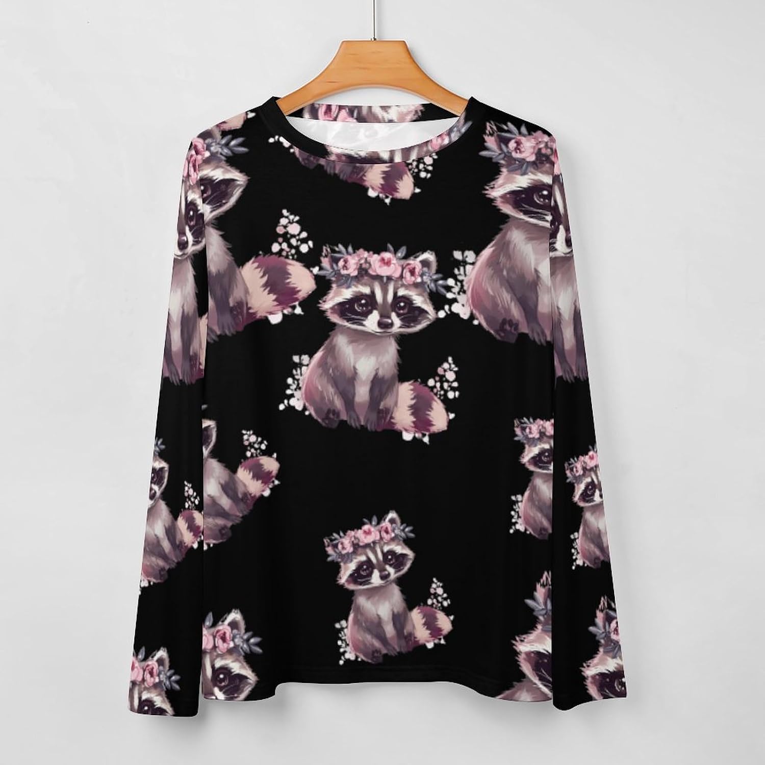 Cute Raccoon with Flower Women's Pajama Top Sleepwear Pajamas Sleep T-Shirt Long Sleeve Shirt Crewneck Tee