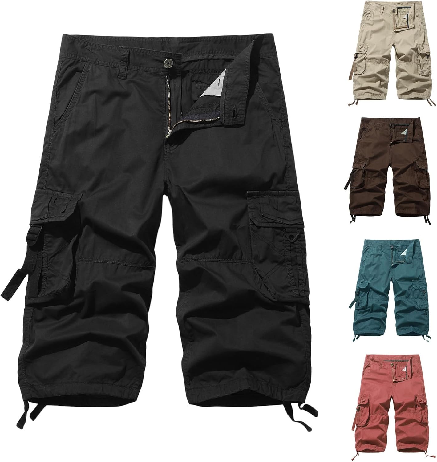 Men's Cargo Shorts 3/4 Cotton Relaxed Fit Below Knee Capris Cargo Pants Below Knee Cargo Hiking Short Slacks Trousers
