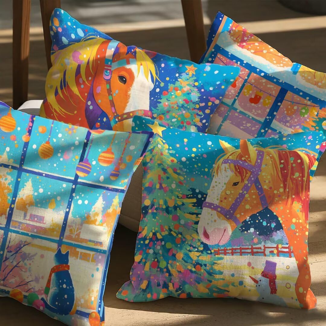 Kissenbezug 40x40 cm 4er Set Outdoor Kissen Weihnachten Gartenkissen Beidseitiger Druck Sofakissen Pferd Dekokissen Wetterfest Leinen Kissenhülle für Garten Balkon Terrasse Wohnzimmer Deko Ym474