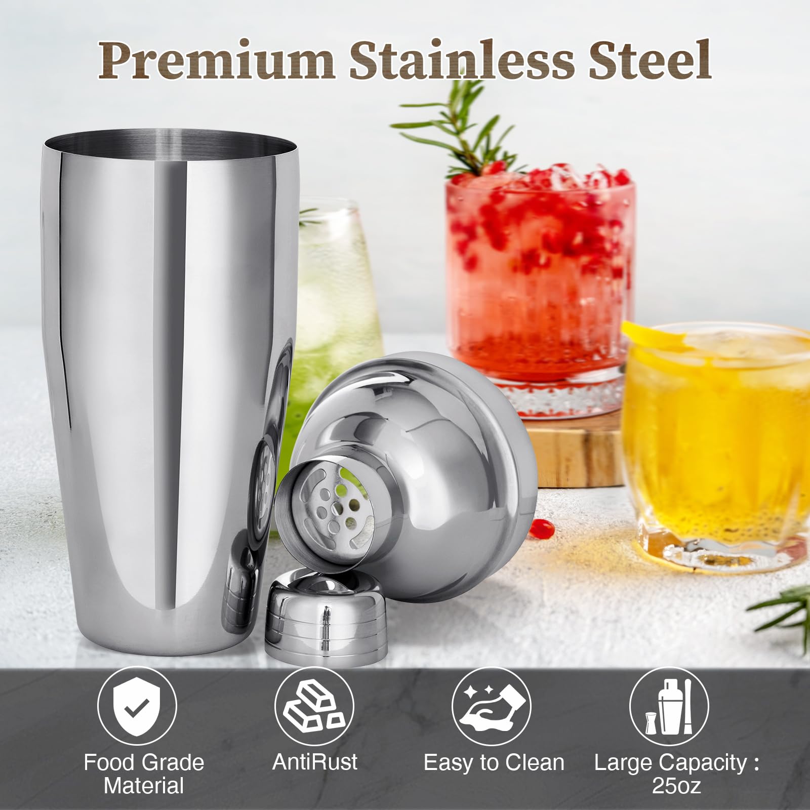 Set di 15 shaker per cocktail, 750 ml, kit da barista con supporto e ricette, set di strumenti da bar con tutti gli accessori essenziali per bar, kit per barista, per mescolare
