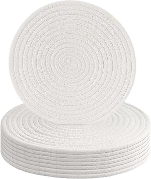 10 Inch Rope Trivets for Hot Dishes Set of 8 Heat Resistant Mats for Countertop Potholders for Kitchens Trivets for Hot Pots and Pans and Quartz Countertops Farmhouse Kitchen Decor, White