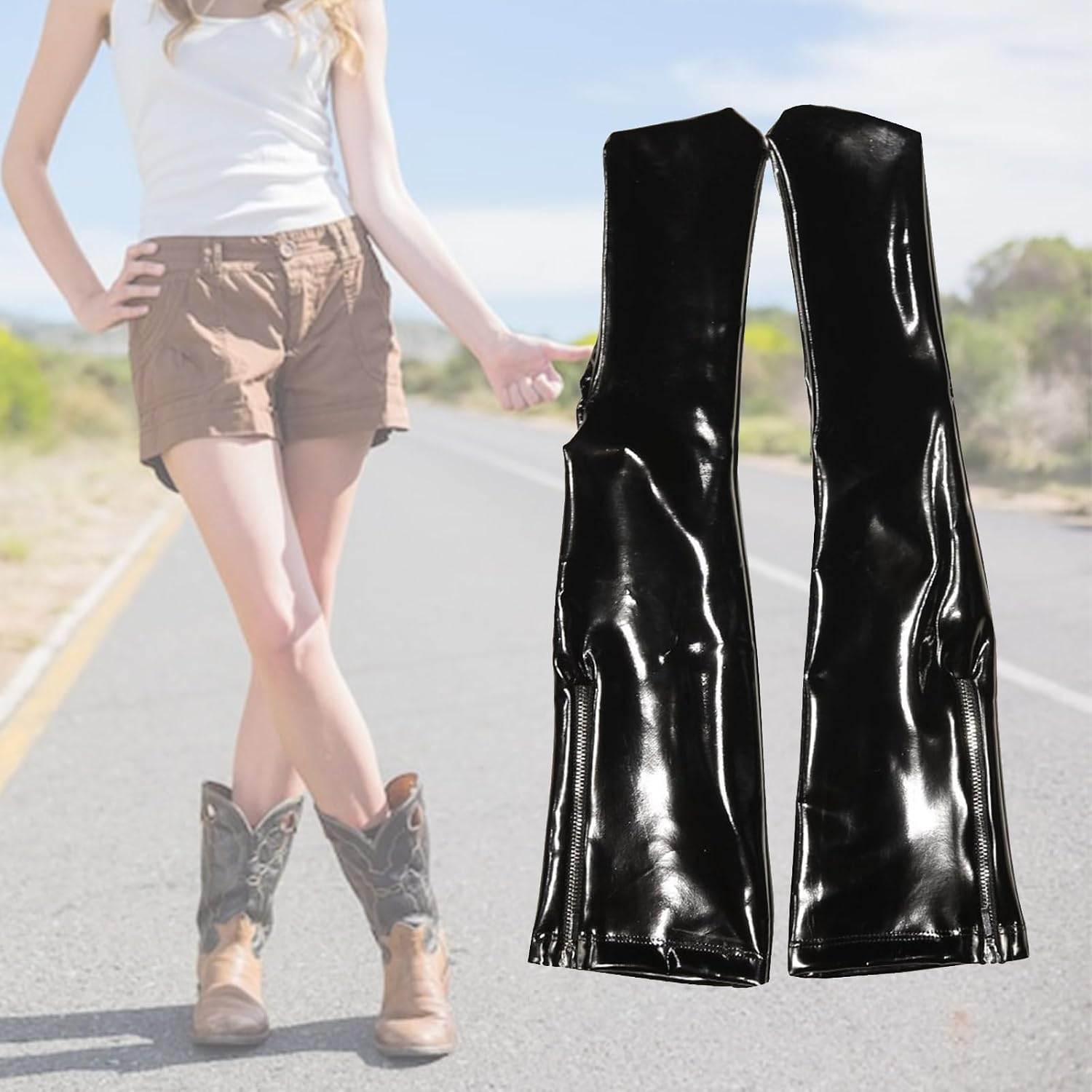 Women Faux Latex Tights Over the Knee Leg Covers Metallic Wet Look Glossy Zipper Open Thigh High Stockings for Parties