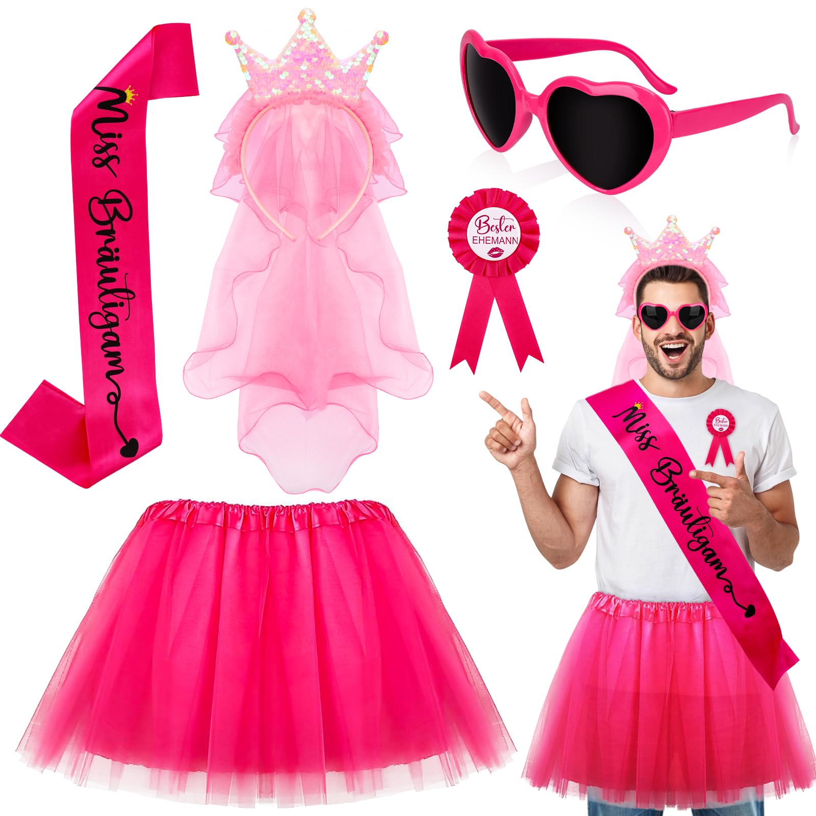 Hysagtek Disfraz de JGA para despedida de soltero, 5 unidades, accesorios para hombre con tutú rosa para hombre, gafas de amor rosa, insignia JGA velo, corona, diadema para hombre, disfraz de fiesta