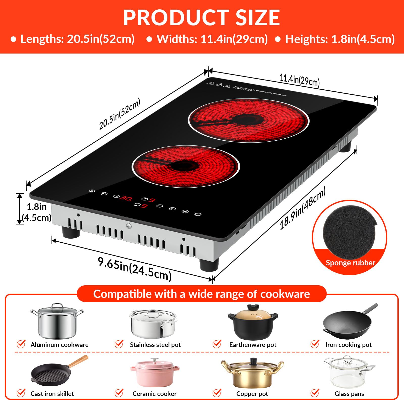 Ceramic Hob,29cm Built-in 2 Zones Electric Hob,3000W,Built in Black Glass Cooker with Touch Control, Child Safety Lock, Timer — view 5