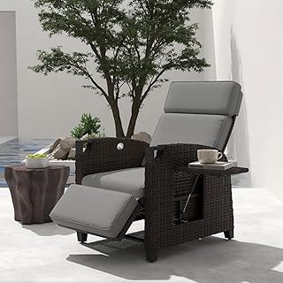 UDPATIO Liegesessel mit Sitzkissen Gartensessel Wetterfest 150° Verstellbare, Rückenlehne Rattan Sonnenliege mit Beistelltisch für Innen, Außeneinsatz- Grau Sitzkissen & Dunkelbraun Rattan