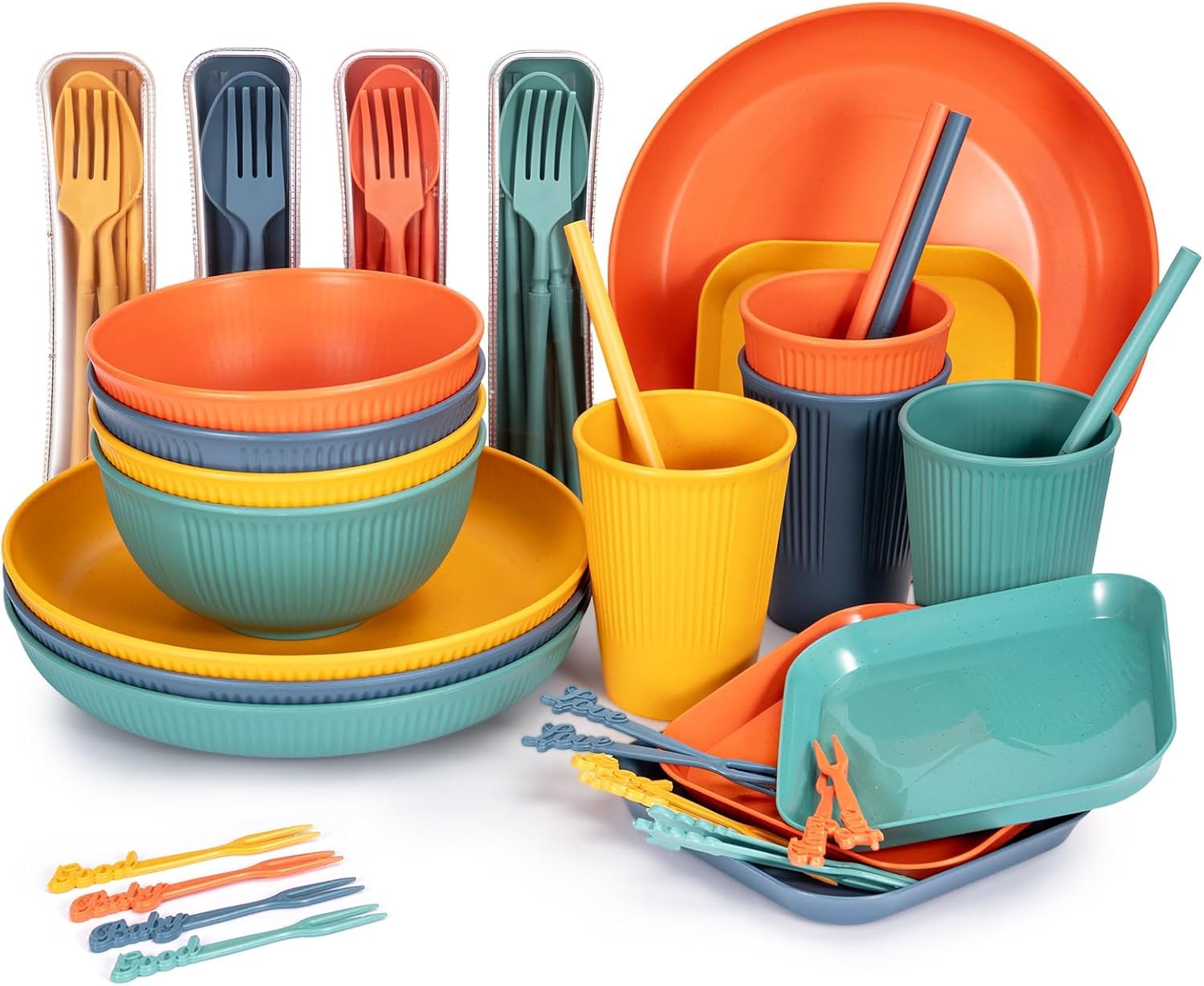 FERNVALE 52-Piece Unbreakable Plastic Dinnerware Set for 4 – Colorful Plates, Bowls, Cups, Forks, Spoons & Chopsticks, Lightweight BPA-Free Tableware for Camping, Picnics, Parties, Travel, RV