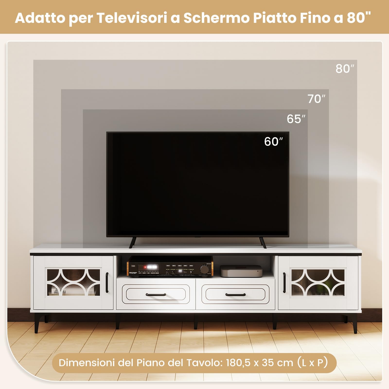 COSTWAY Mobile TV in Legno per Televisori Fino a 80", Mobile Porta TV 180 cm con 2 Cassetti, 2 Armadi e Scomparto, 7 Gambe Metalliche Rialzate, Consolle Media per Soggiorno (Bianco)