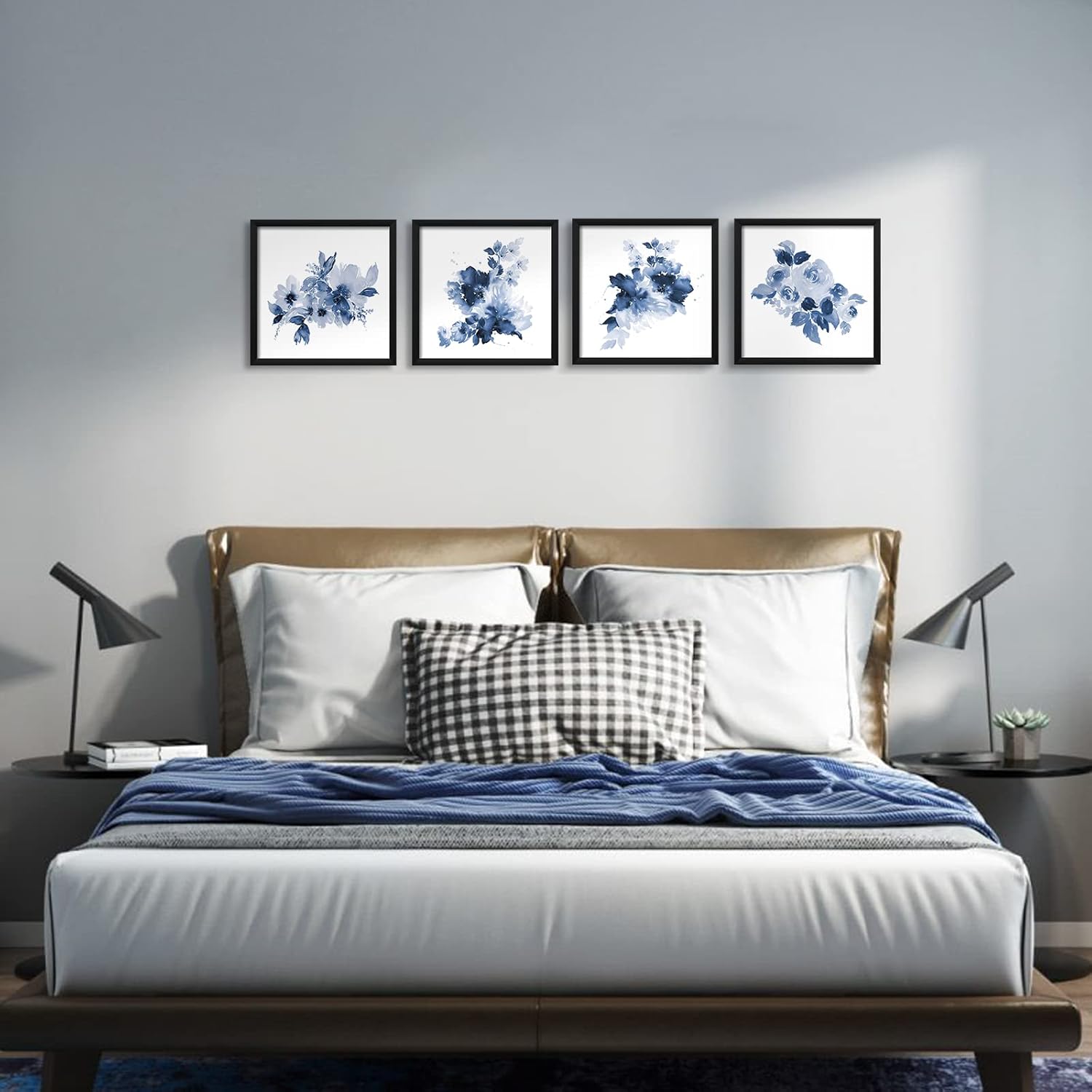 ArtbyHannah Framed Bathroom Wall Decor, Navy Blue Wall Art with Black Frame and Watercolor Floral Prints Pictures for Kitchen Bedroom Home Decorations (4 Pack, 10x10 Inch)