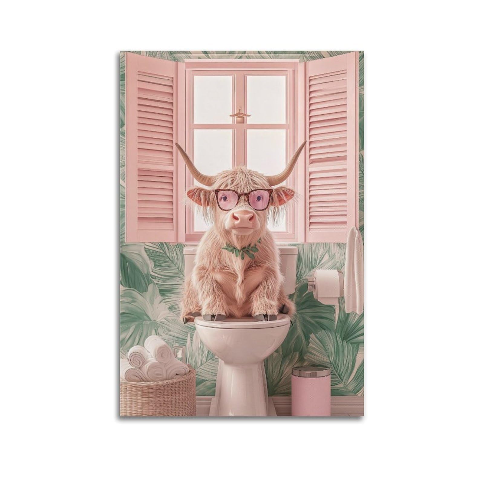 ESTE Highland Cow Toilette Pink Style Poster Decorative Painting Canvas Modern Art Picture 24x36inch(60x90cm)