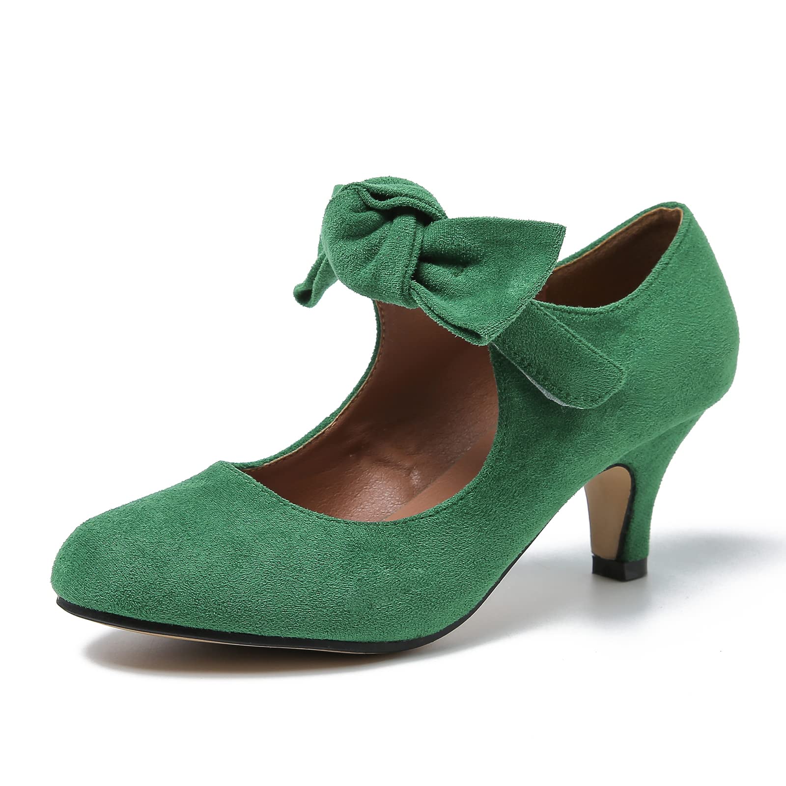 HeiyomWomen's Bow Mary Jane Kitten Heels Pumps Round Toe Low Heels Ankle Strap Wedding Dress Evening Party Shoes