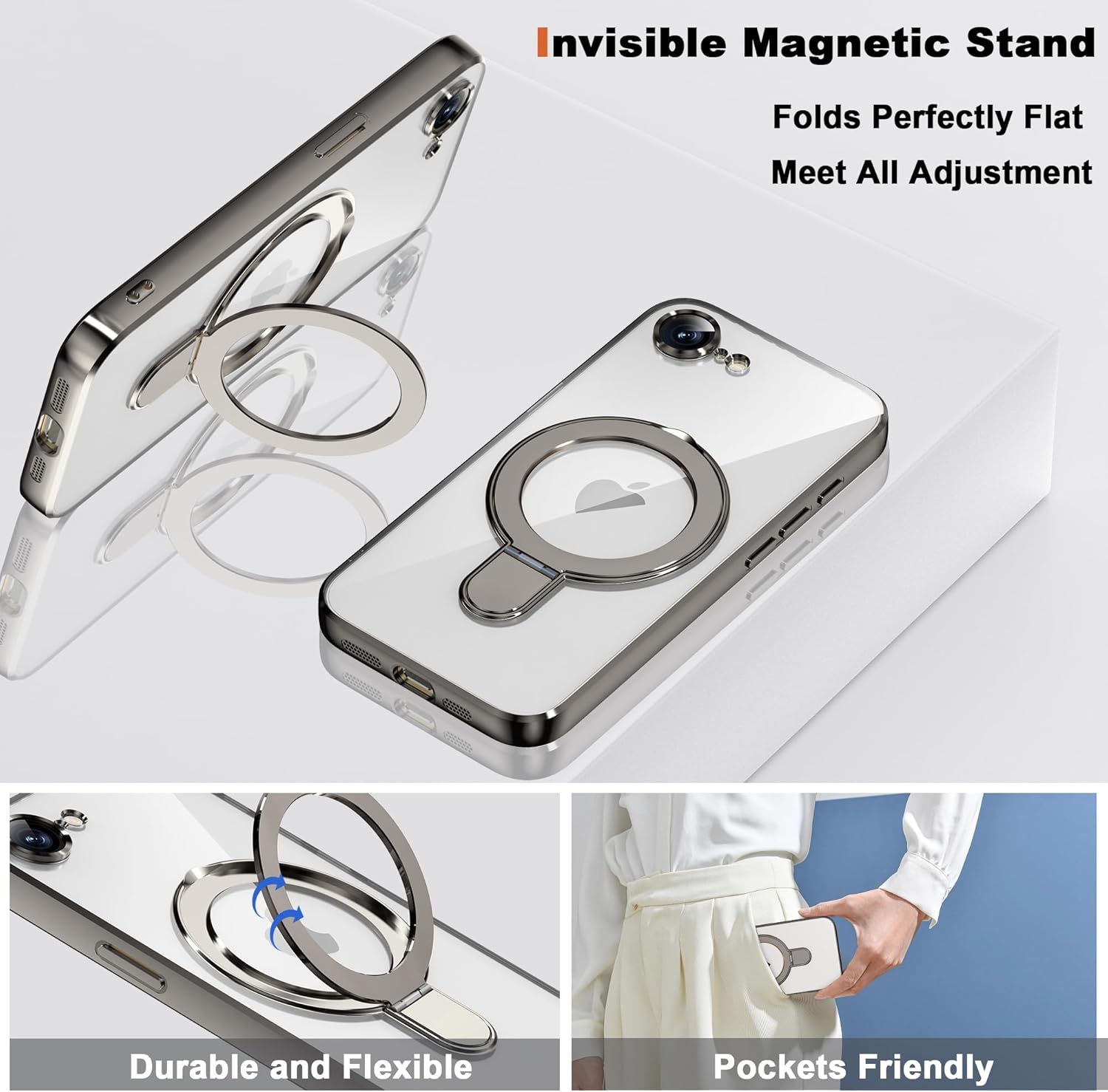 Compatible with iPhone 17E/16E Case with Invisible Magnetic Ring Stand [Compatible with Mag-Safe] [Full Camera Lens Protector] Plating Clear Phone Case for iPhone 17E/16E 6.1", Grey