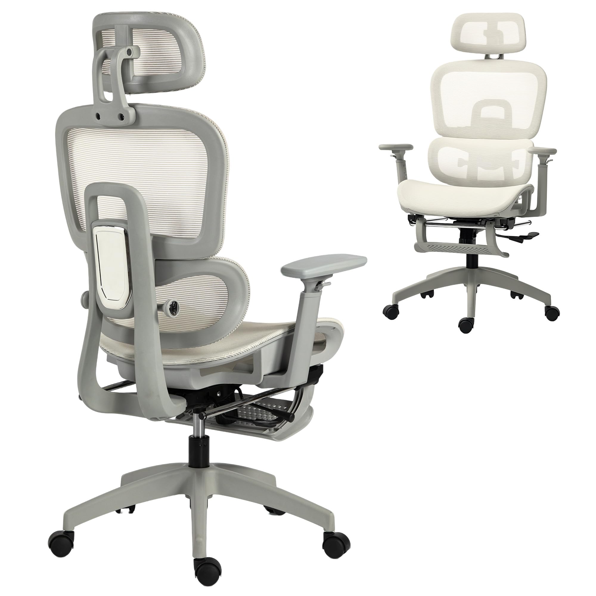 HOMCOM Silla de Oficina Ergonómica de Malla con Reposabrazos 3D Beige | Silla de Escritorio,Reclinable a 135°,Reposacabezas Ajustable,Respaldo Alto,Soporte Lumbar,Reposapiés,Altura Ajustable