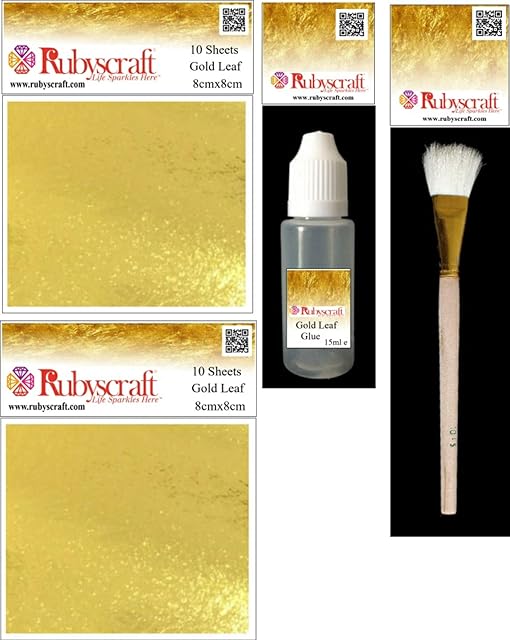 Rubyscraft Imitation Gold Leaf 20 Sheets 80mm x 80mm Sheets Gold Leaf Adhesive Glue & Gilding Brush kit Trademark Bling My Shoes UK00003085705