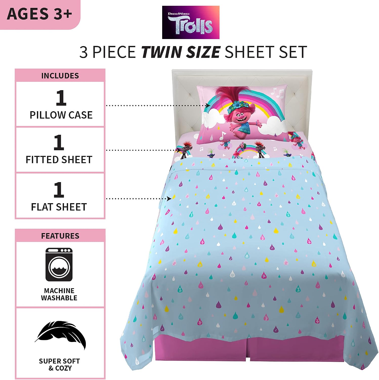 Franco Kids Bedding Super Soft Sheet Set, Twin, Trolls World Tour