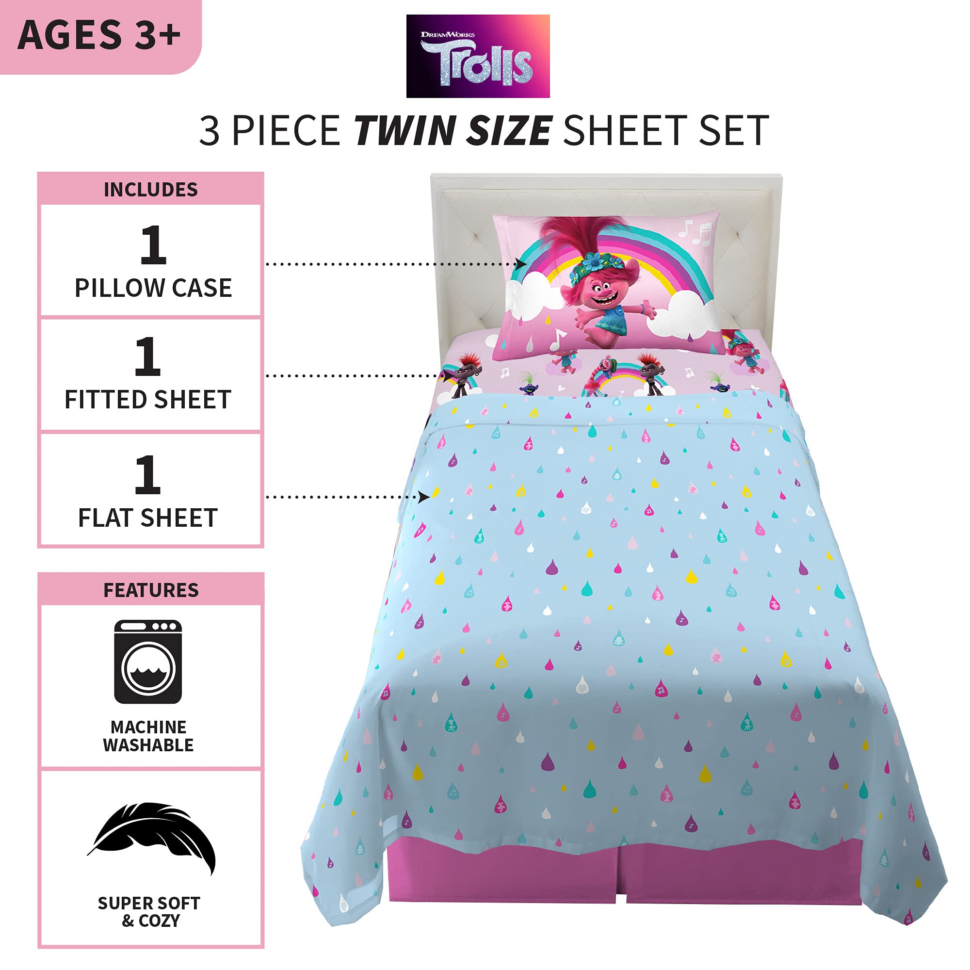 Franco Kids Bedding Super Soft Bettlaken-Set, Mikrofaser, Trolls World Tour, Twin