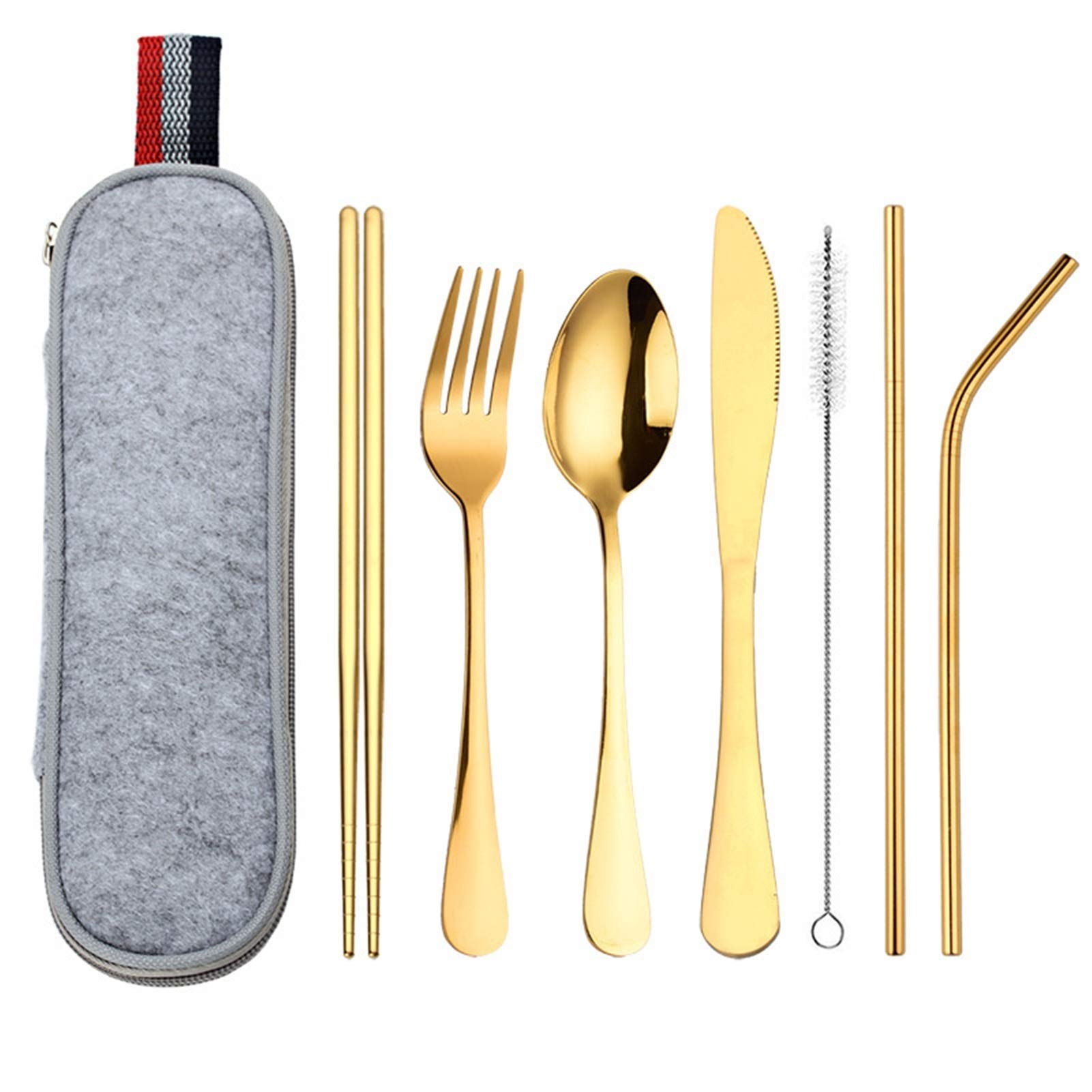 Reisegeschirr Set Portable Besteck Camping Dinner Sets Edelstahl Geschirr Regenbogen mit Strohset Pinsel Essstäbchen Tasche essgeschirr (Color : Gold)
