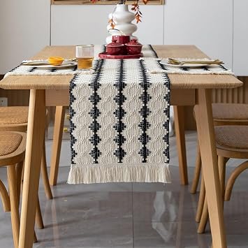 Boho Table Runners with Tassels 72inches, Macrame Farmhouse Table Runner for Dining, Bedroom & Kitchen Decor Black and White